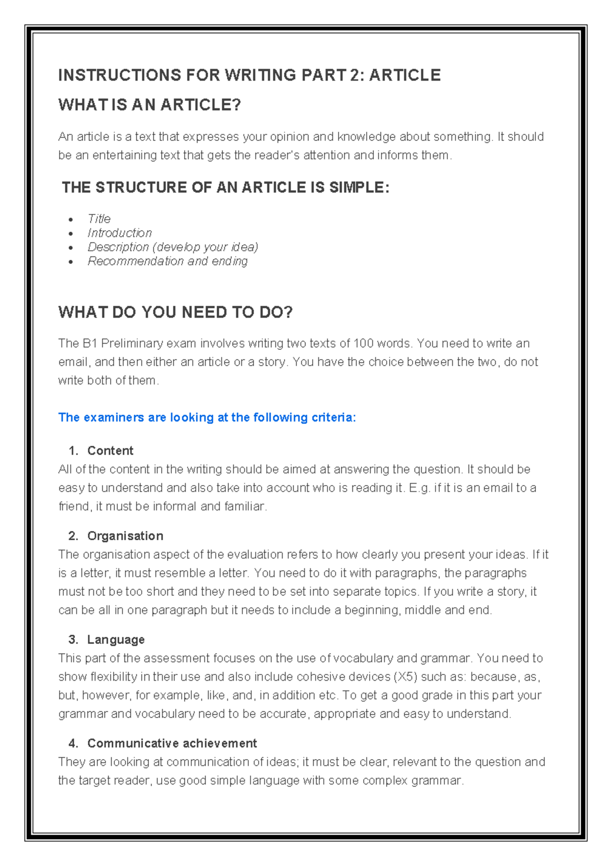 PET Instructions for Writing an Article: Structure & Tips - Studocu