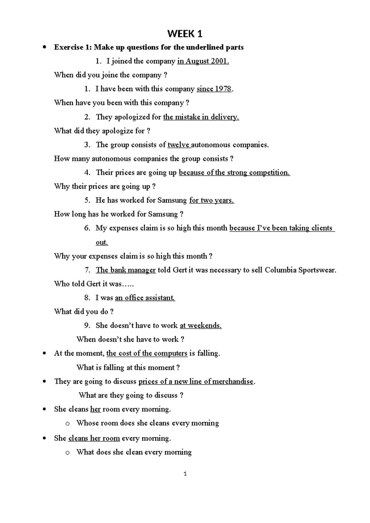 WEEK 1 - Exercise Questions and Verbs Practice - Studocu