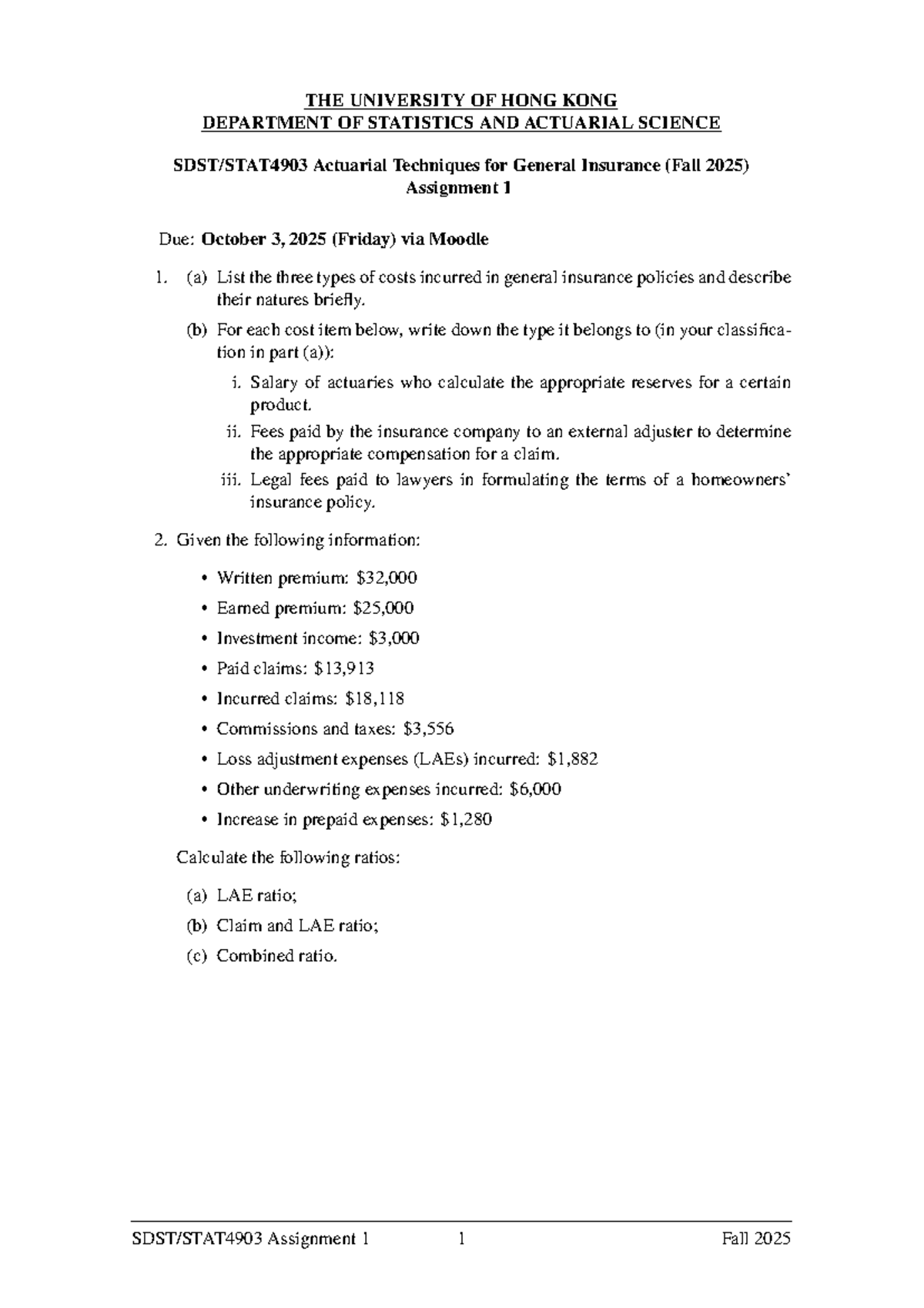 Stat4903 Actuarial Techniques for General Insurance Assignment 1 (Fall ...