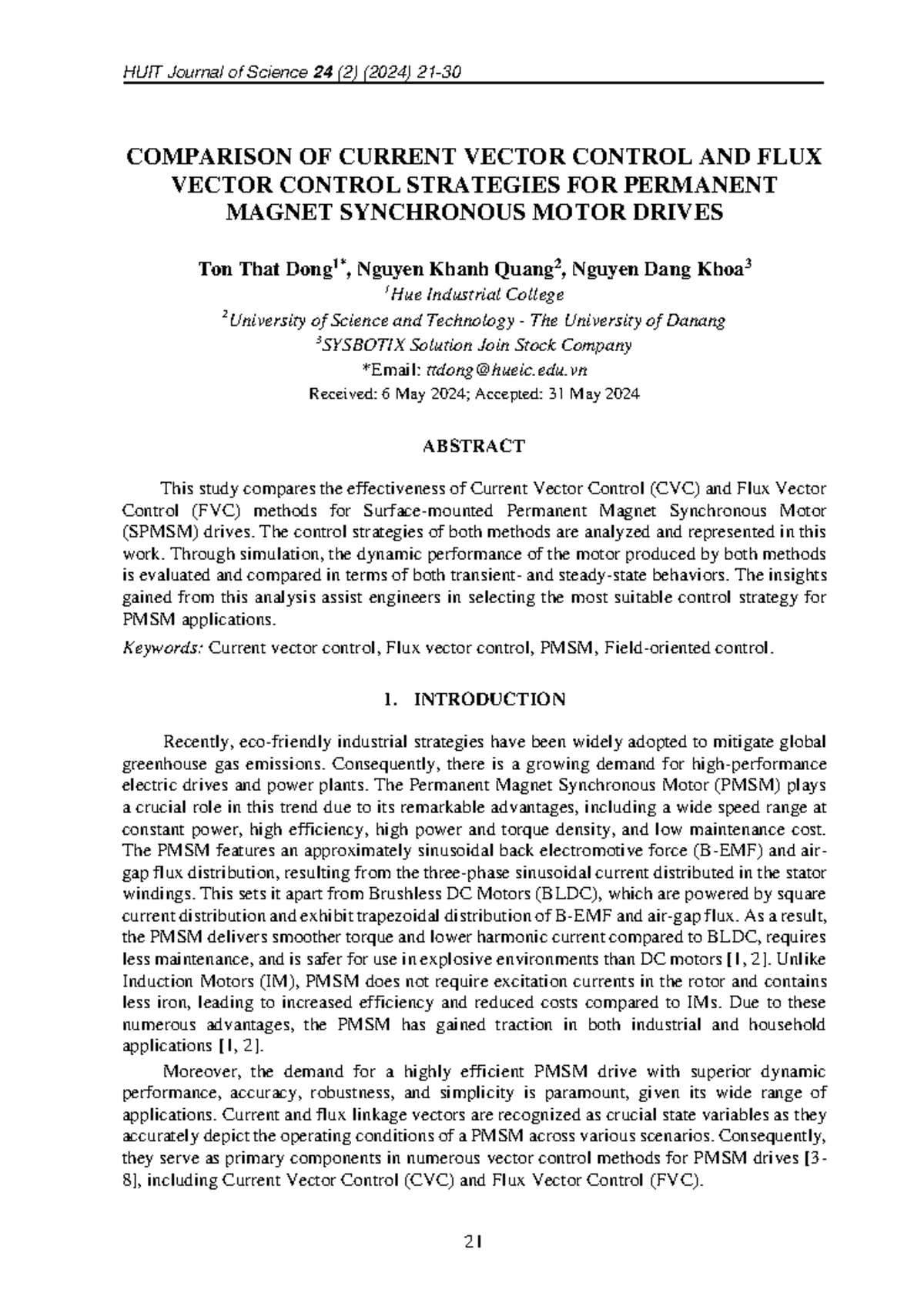 HUIT Comparison of CVC and FVC strategies for PMSM drive 01062024 ...