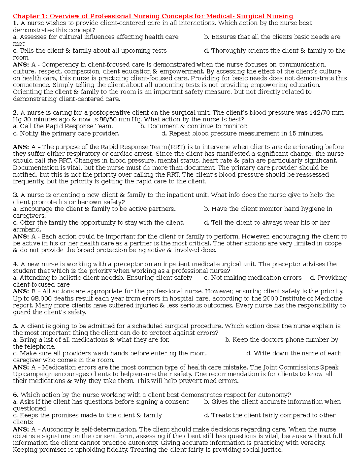 Med Surg Exam 1 Practice Questions and Client Care Scenarios - Studocu