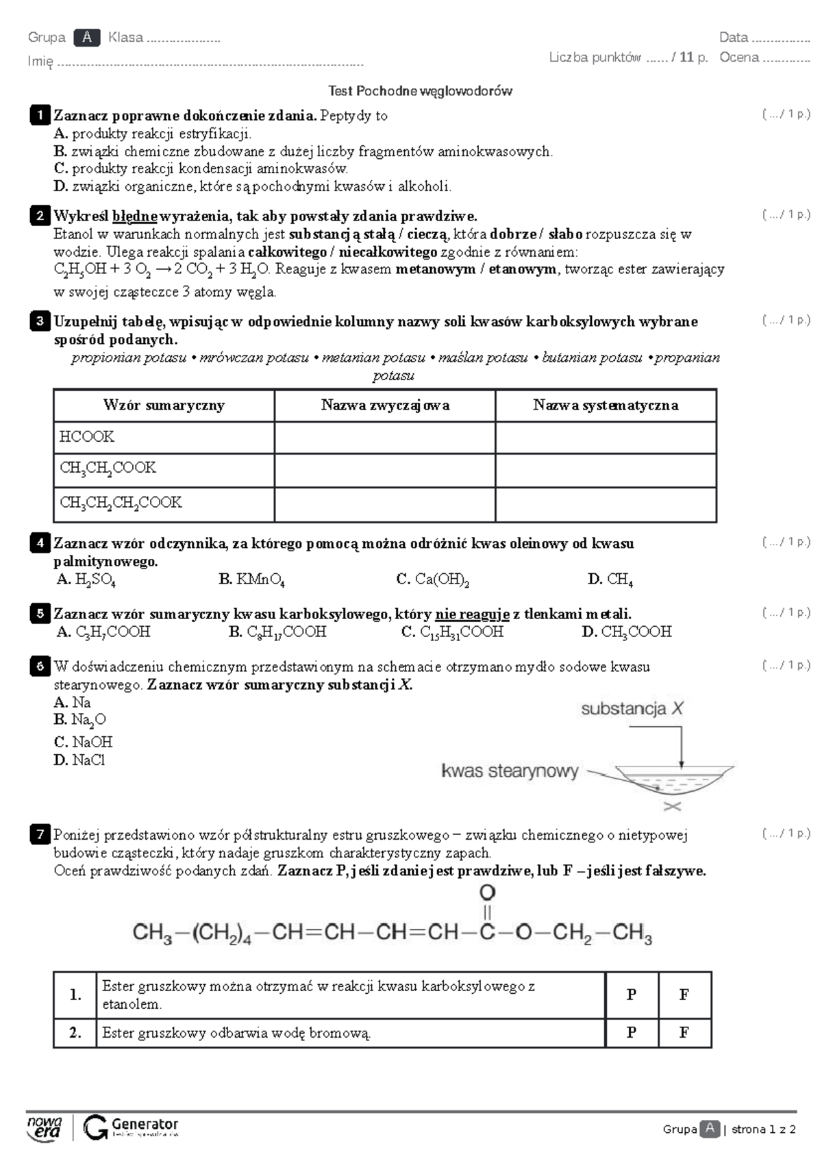 Pochodne Węglowodorów Sprawdzian Grupa 1