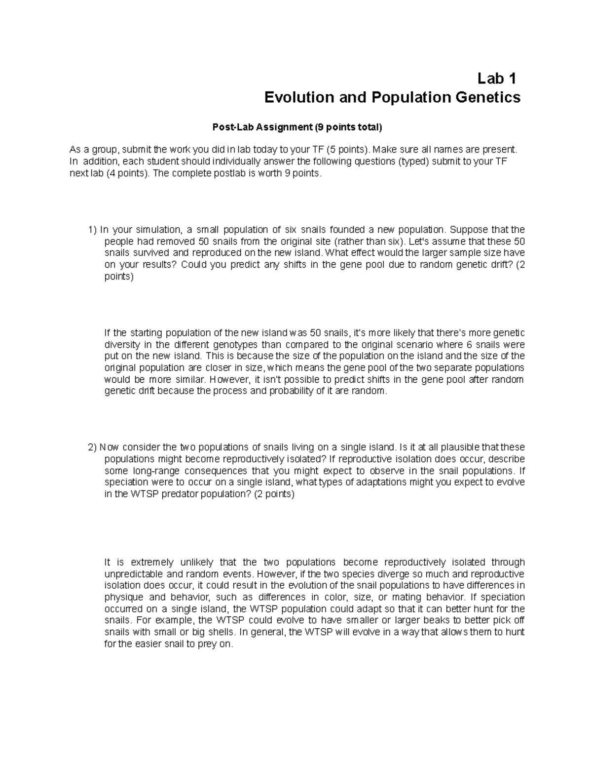 Lab 1 Population Genetics - Post-Lab Report Analysis and Findings - Studocu