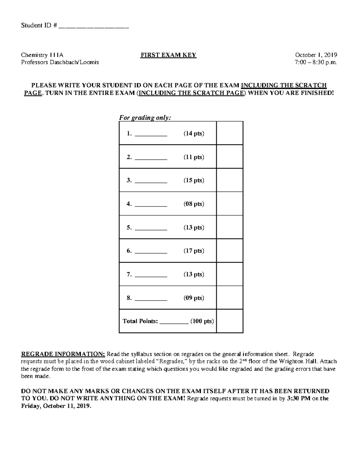 Fall 2019 Chem 111 First Exam Key and Grading Instructions - Studocu