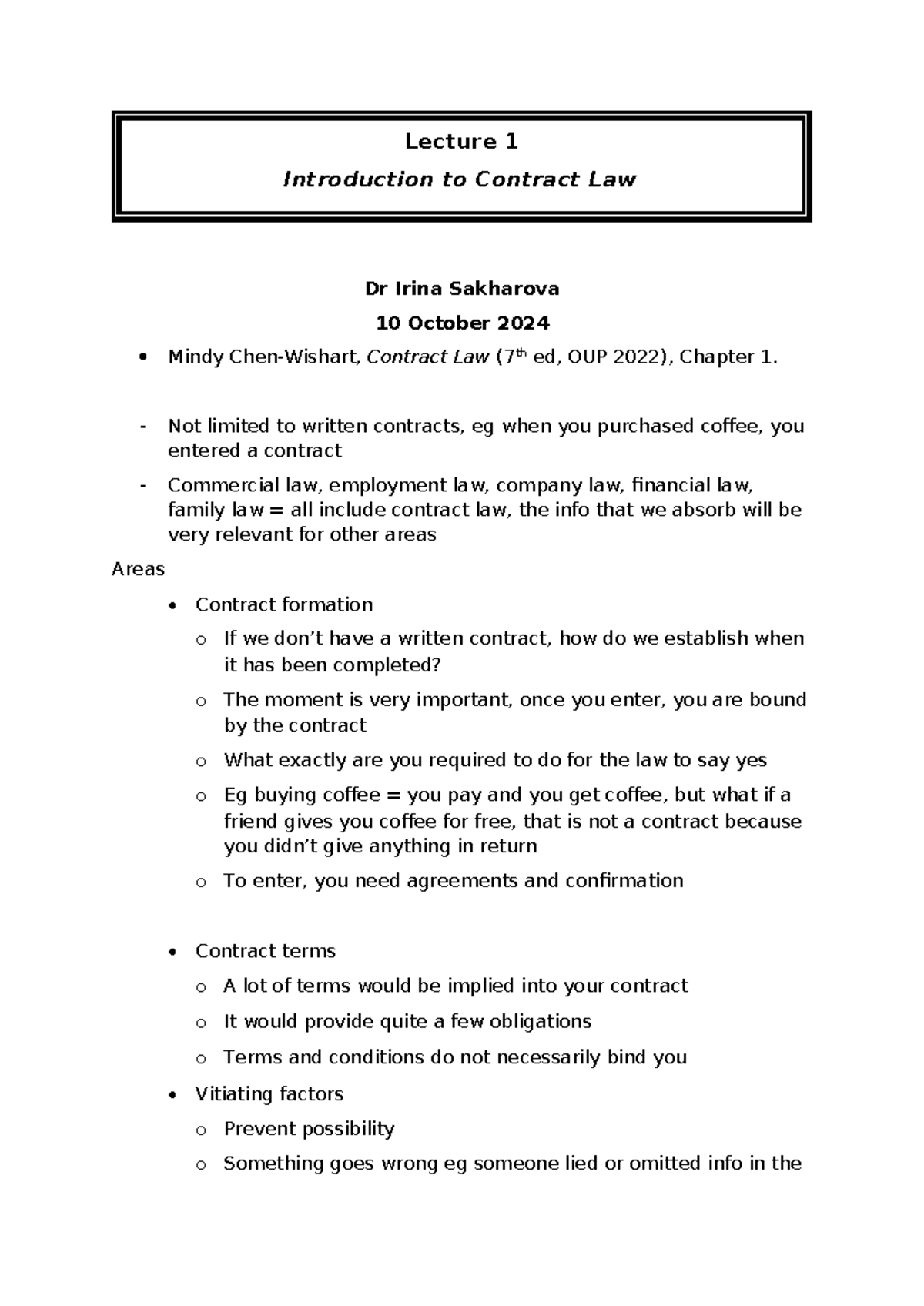 Contract law Lecture 1 notes - Lecture 1 Introduction to Contract Law ...