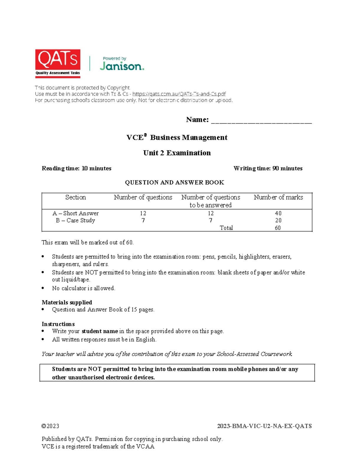 VCE Business Management Unit 2 Exam - Short Answer & Case Study - Studocu