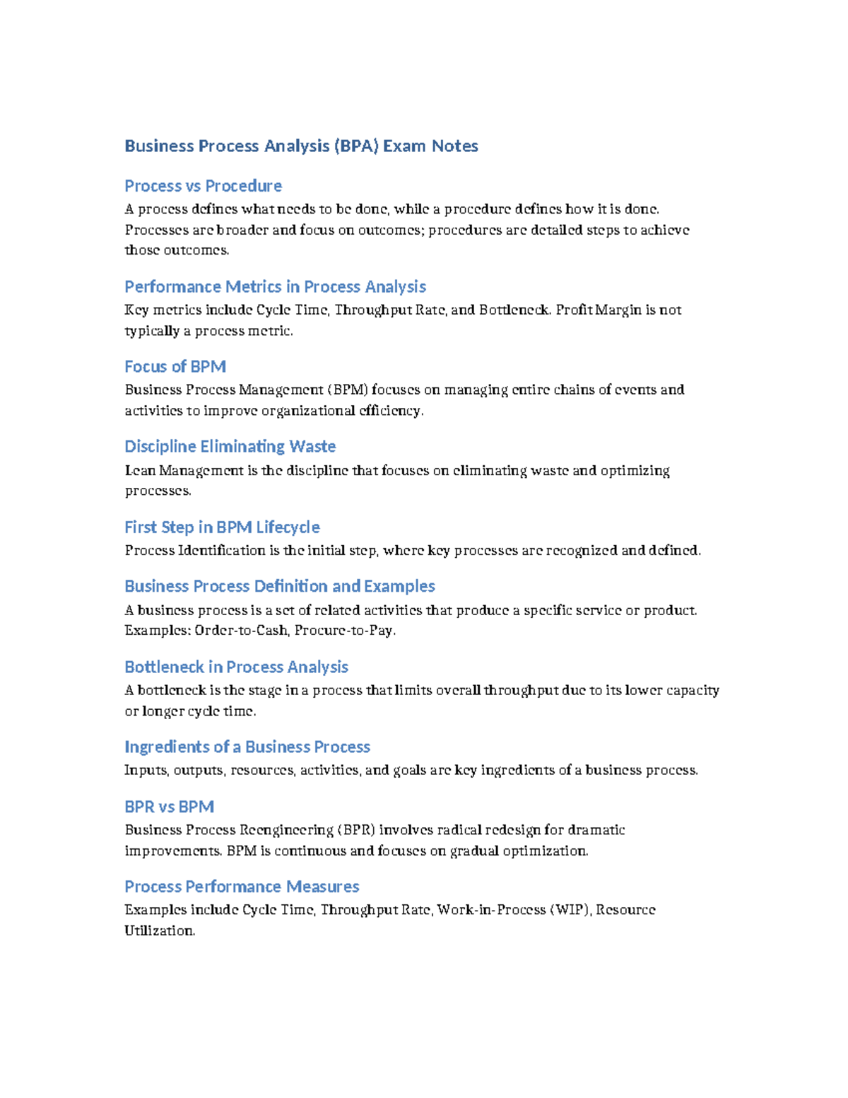 BPA Exam Notes: Business Process Analysis Overview and Key Metrics ...