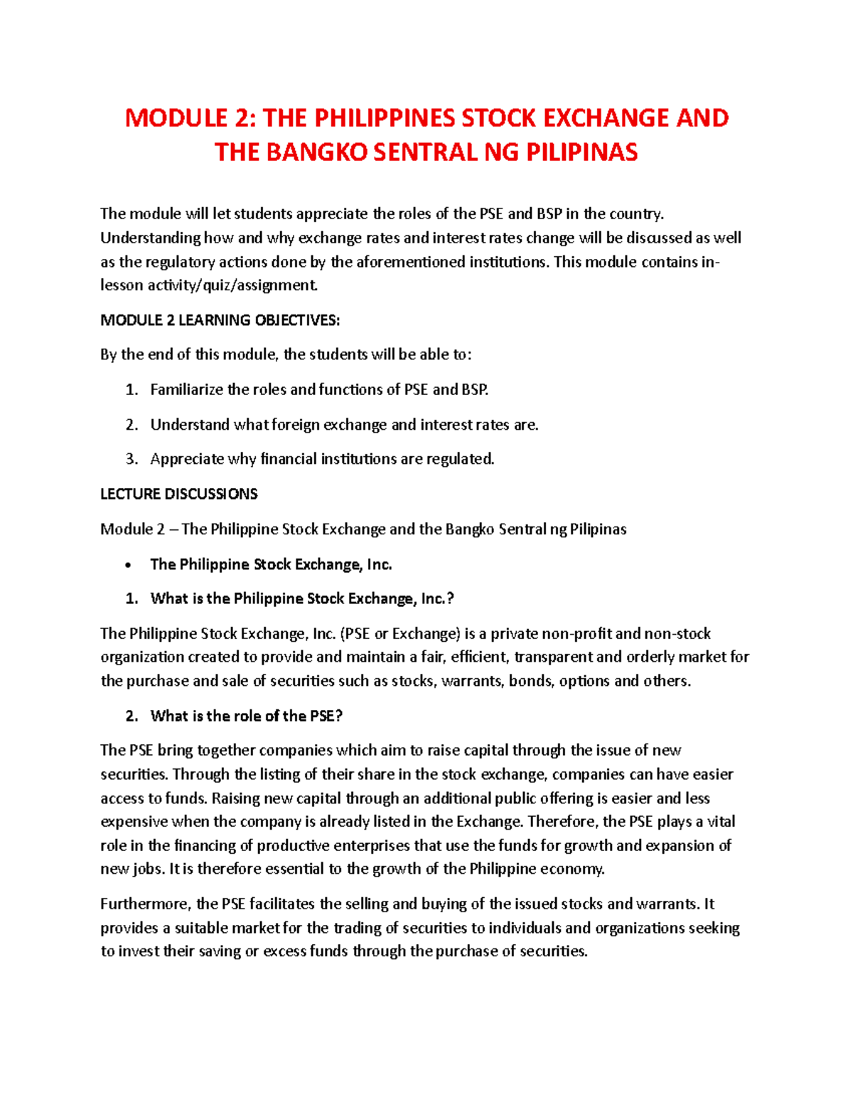 MODULE 2: PSE & BSP Roles in the Philippine Economy - Studocu