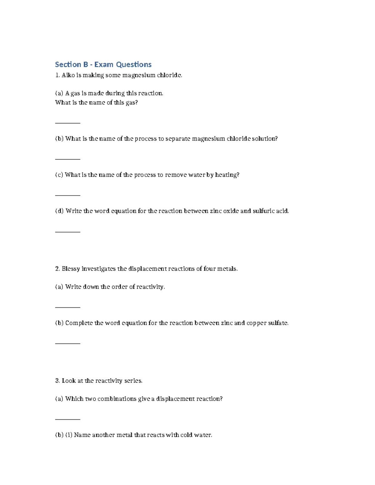 Chemistry 101: Section B Exam Questions and Reactions Analysis - Studocu