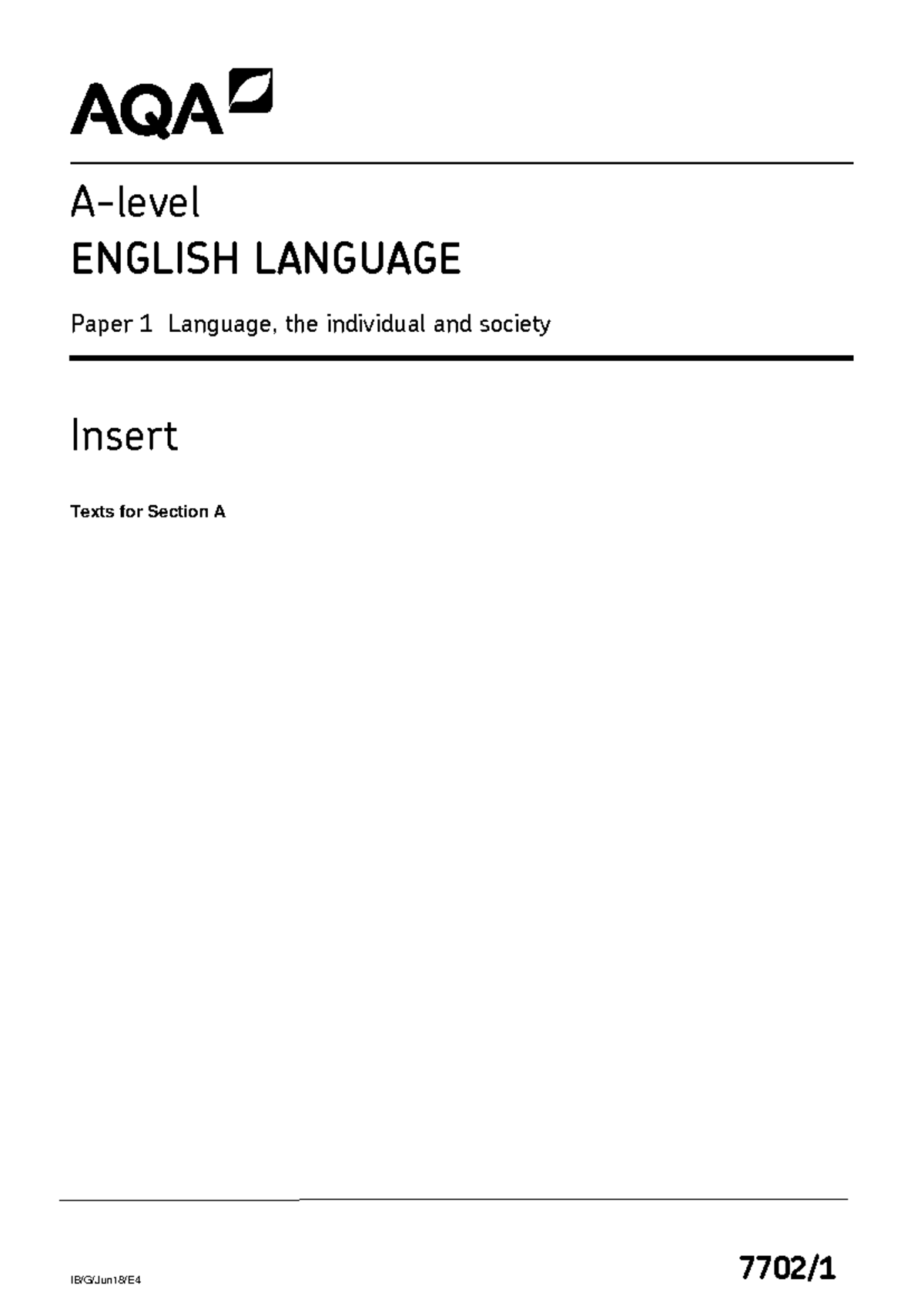 AQA English Language A-level Paper 1: Language & Society June 2018 ...