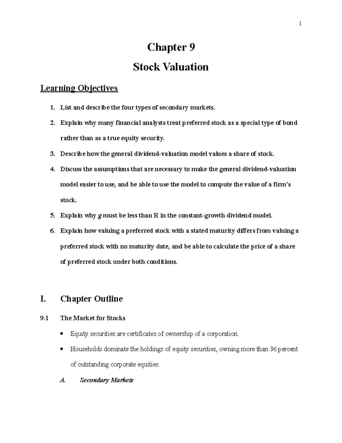 Ch09 - Stock Valuation Summary and Key Concepts - Studocu