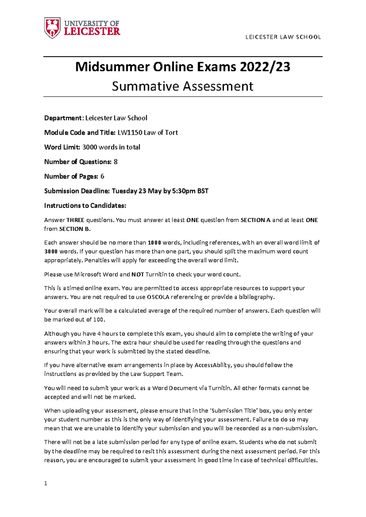 LW1150 Law of Tort Midsummer Exam Paper 2023: Complete Guidance ...