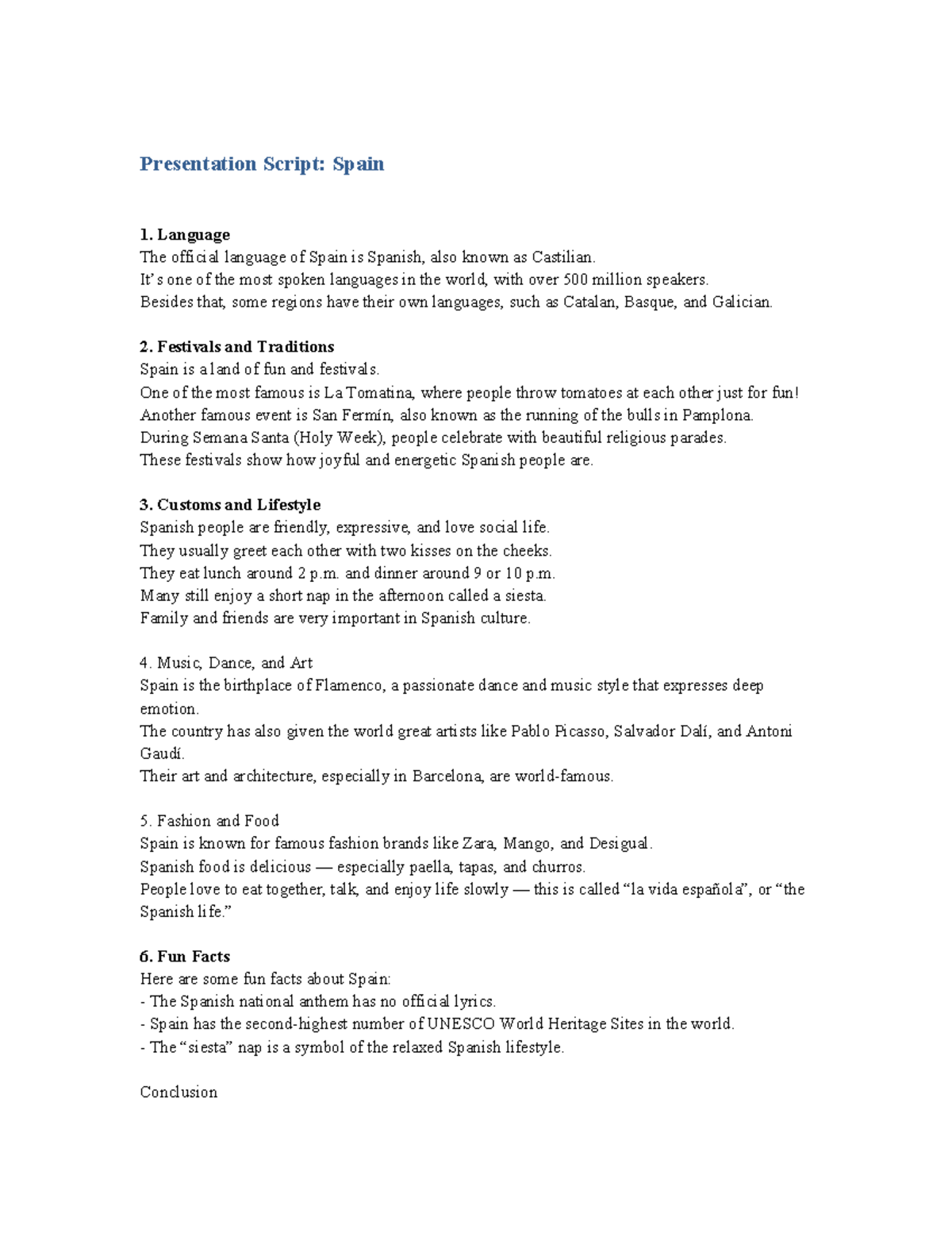 Presentation Script: Spain - Culture, Language & Traditions - Studocu