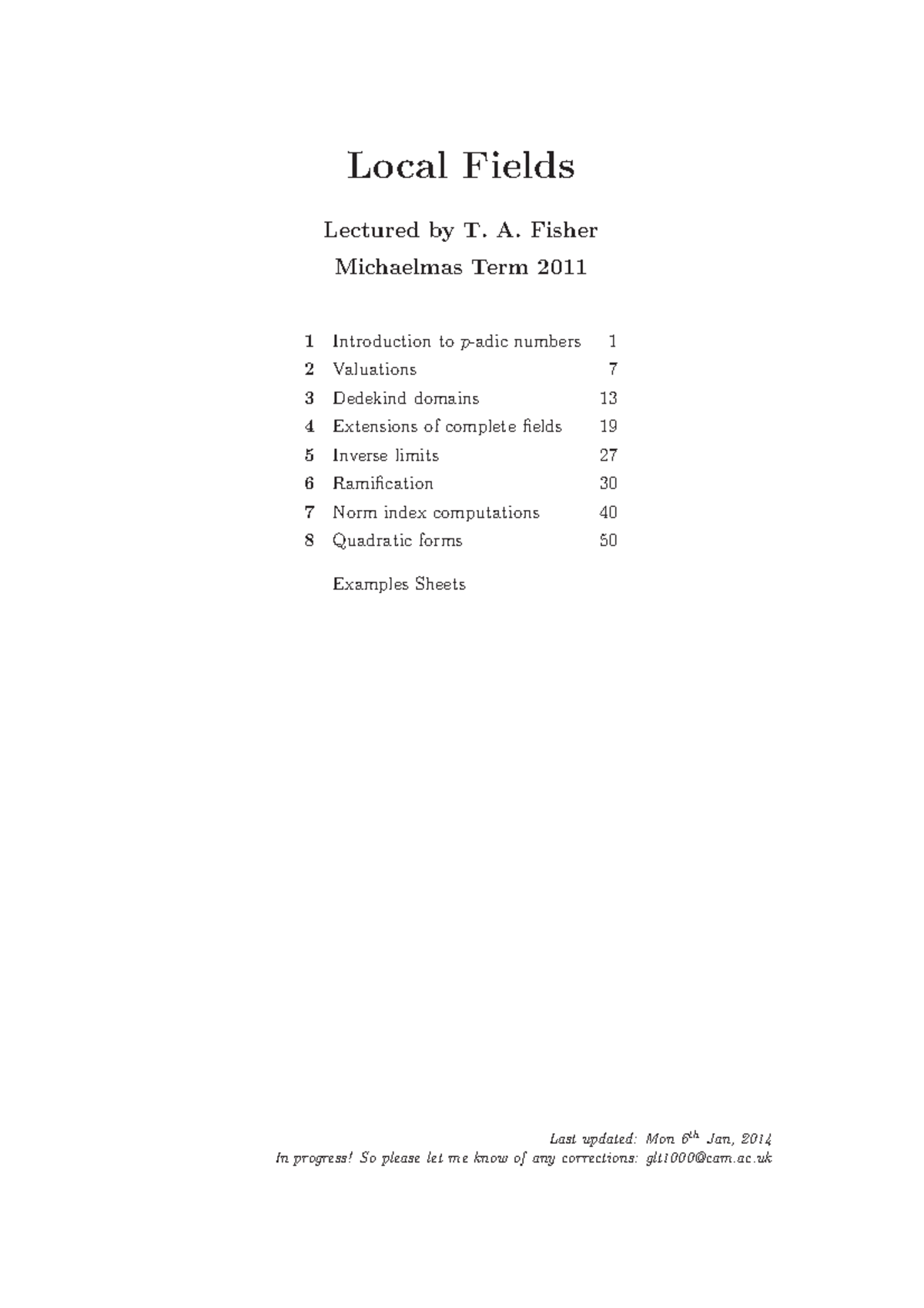 Local Fields 2011-2012 Lecture Notes with Questions and Examples - Studocu