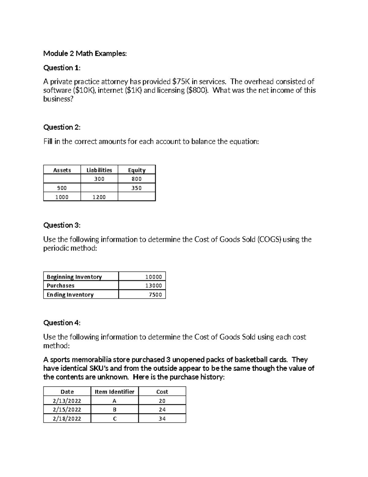 Module 2 Math Examples: Financial Calculations & COGS Analysis - Studocu