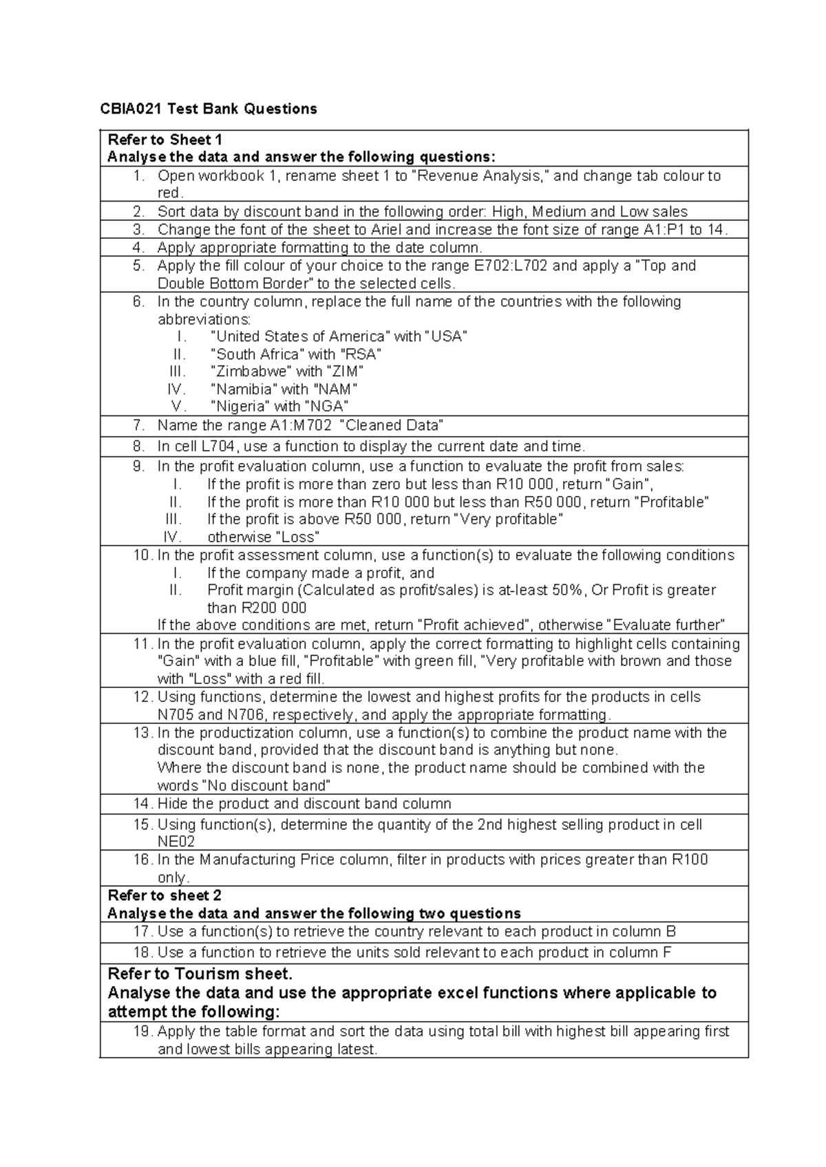 CBIA021 Test Bank Questions: Data Analysis and Excel Functions Guide ...
