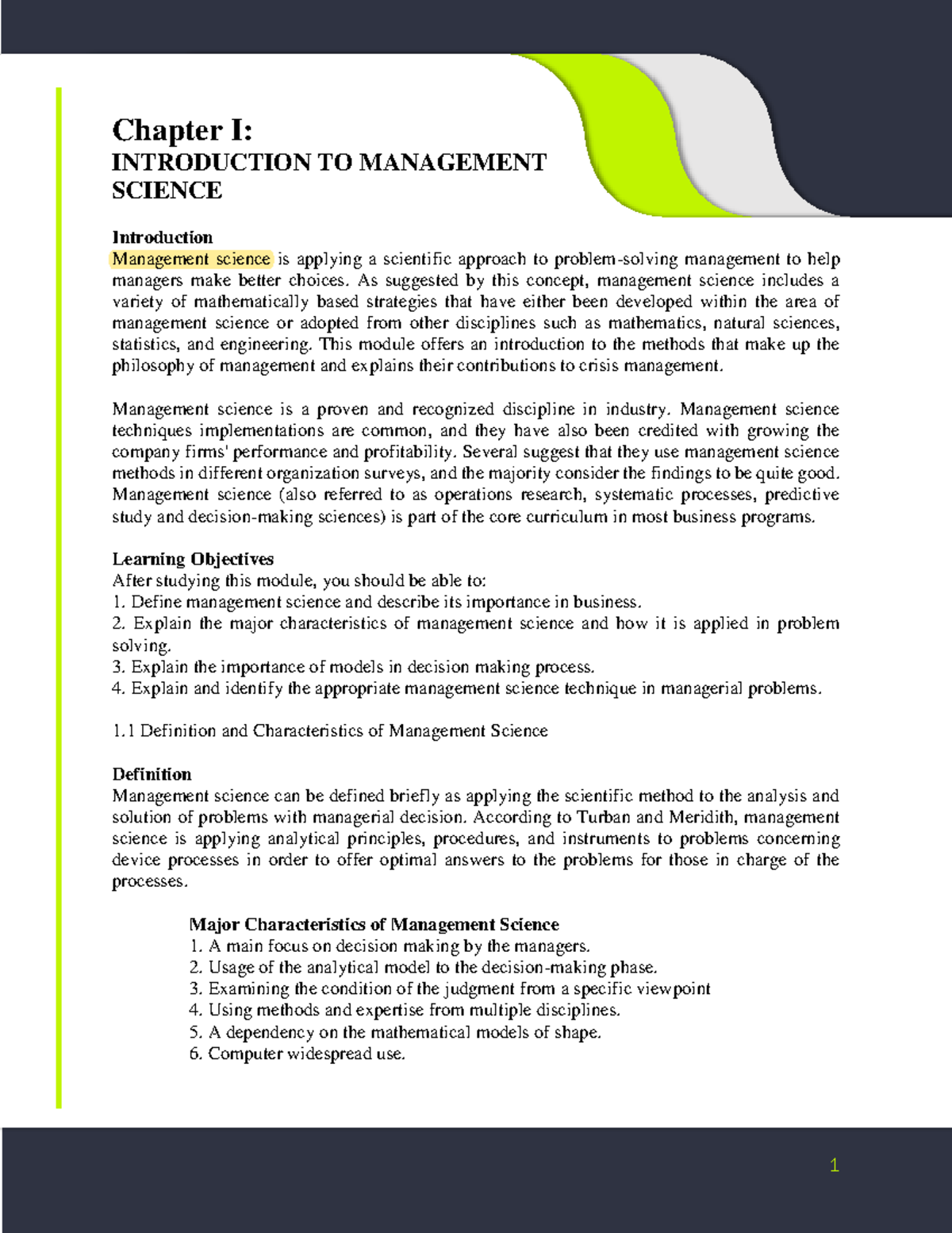 Management Science MS101: Introduction to Key Concepts and Methods ...
