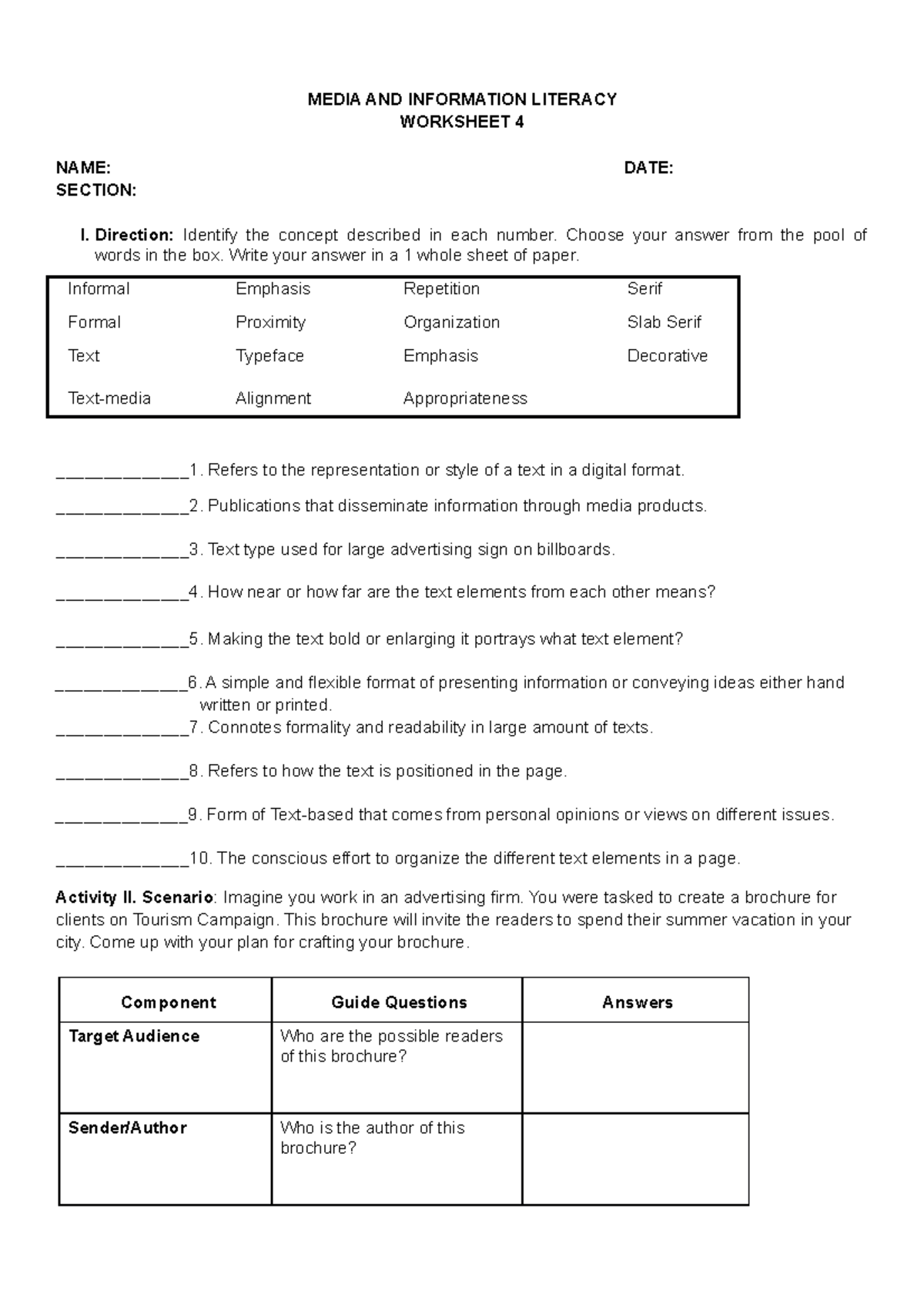 MIL- Worksheet 4 - mil - MEDIA AND INFORMATION LITERACY WORKSHEET 4 ...
