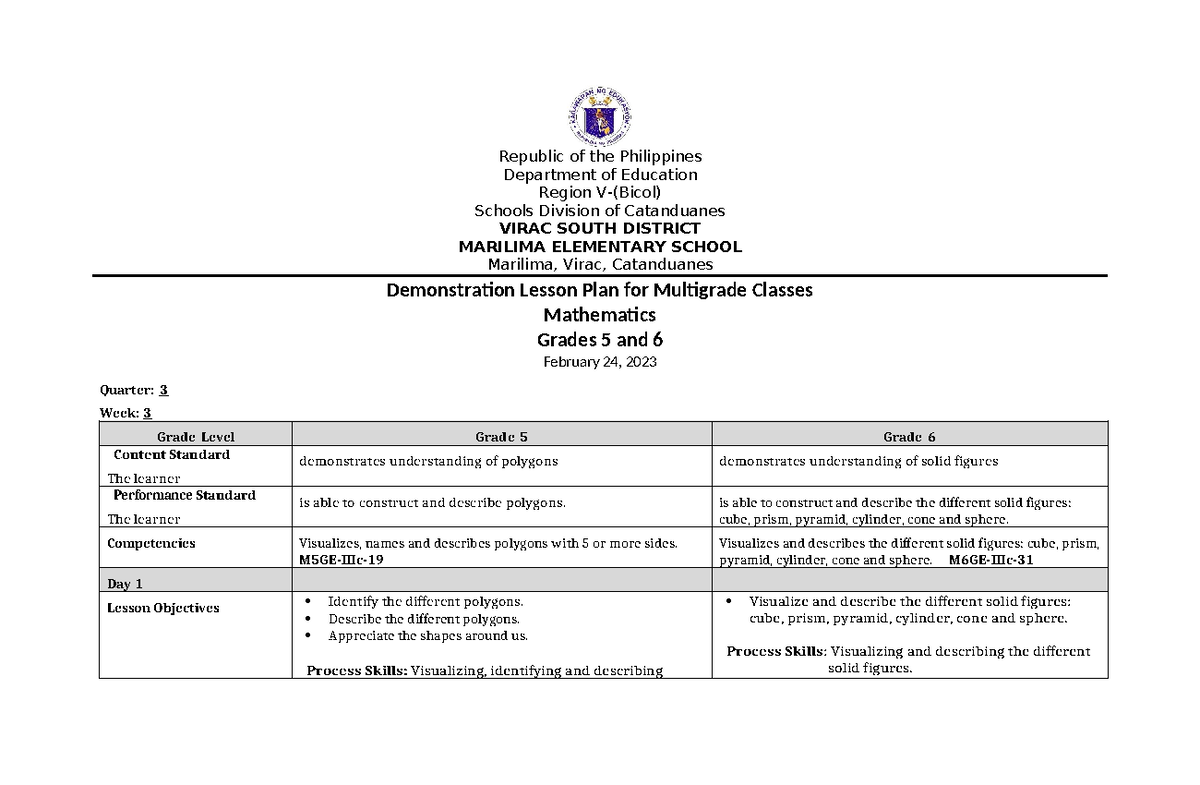 Demonstration Lesson Plan for Multigrade Classes in Math (Grades 5-6 ...