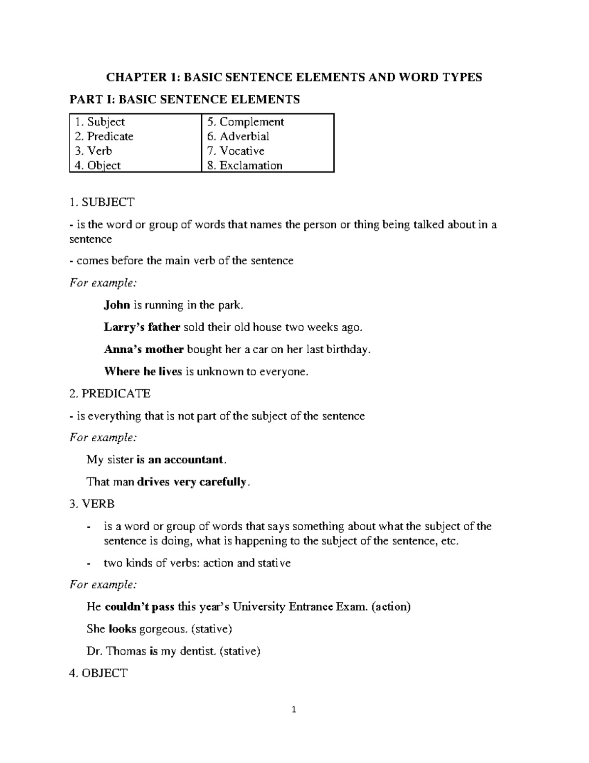 Chapter 1 PART I - jhgdfghjk - CHAPTER 1: BASIC SENTENCE ELEMENTS AND ...