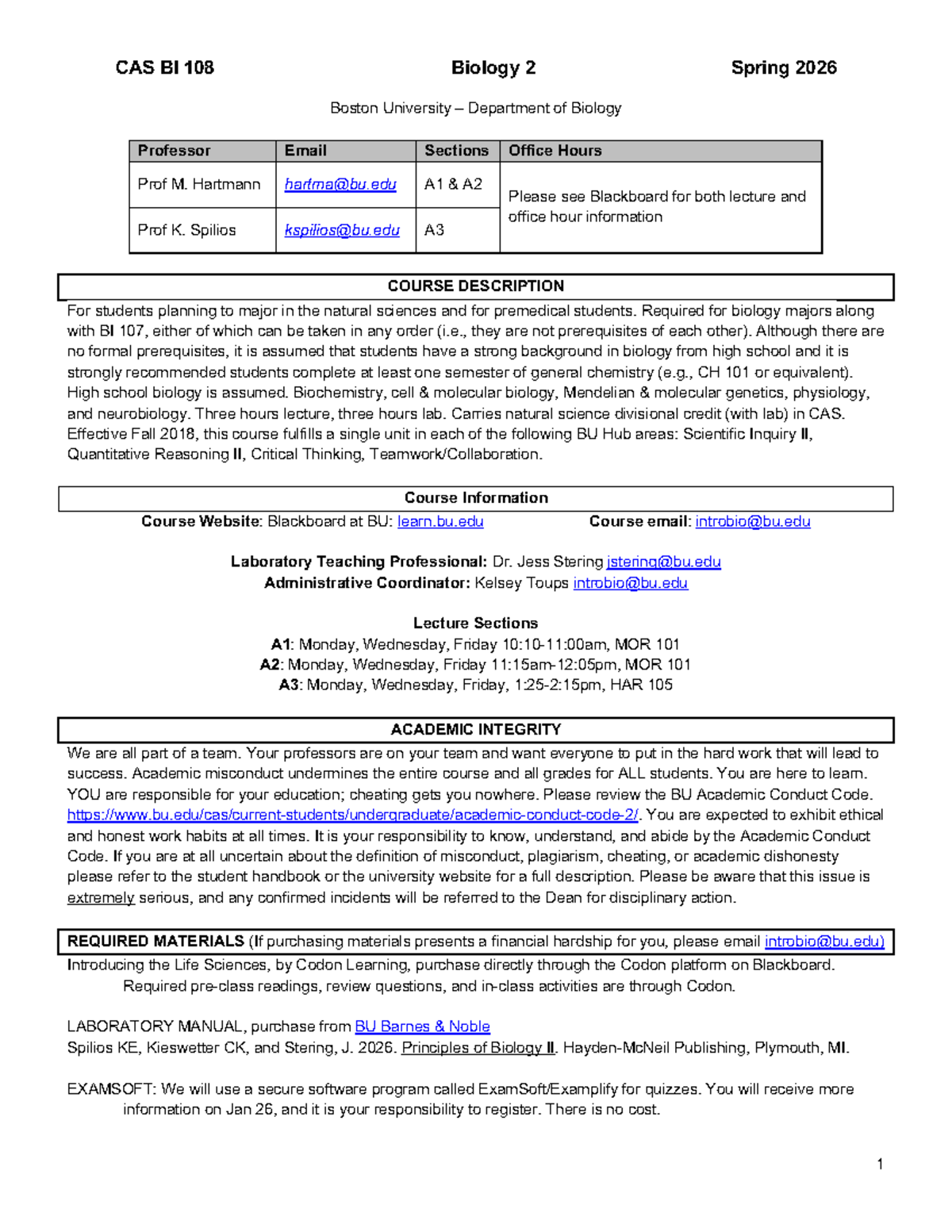 CAS BI 108 Biology 2 Syllabus - Spring 2026 at Boston University - Studocu
