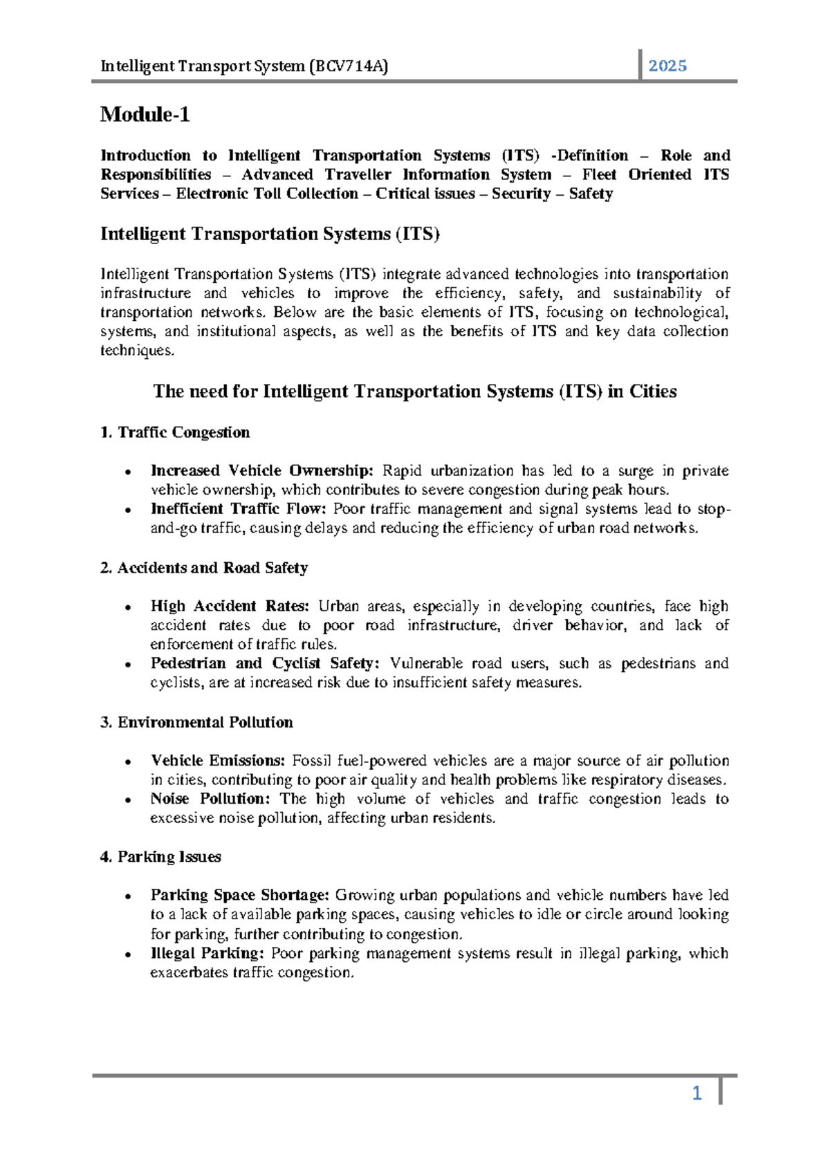 Intelligent Transport Systems (BCV714A) Module 1 Lecture Notes for Exams - Document Preview