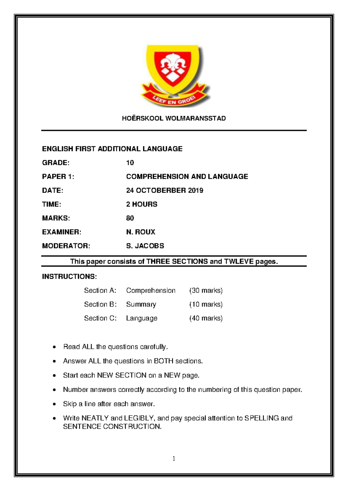 Grade 10 English First Additional Language Paper 1: Comprehension ...