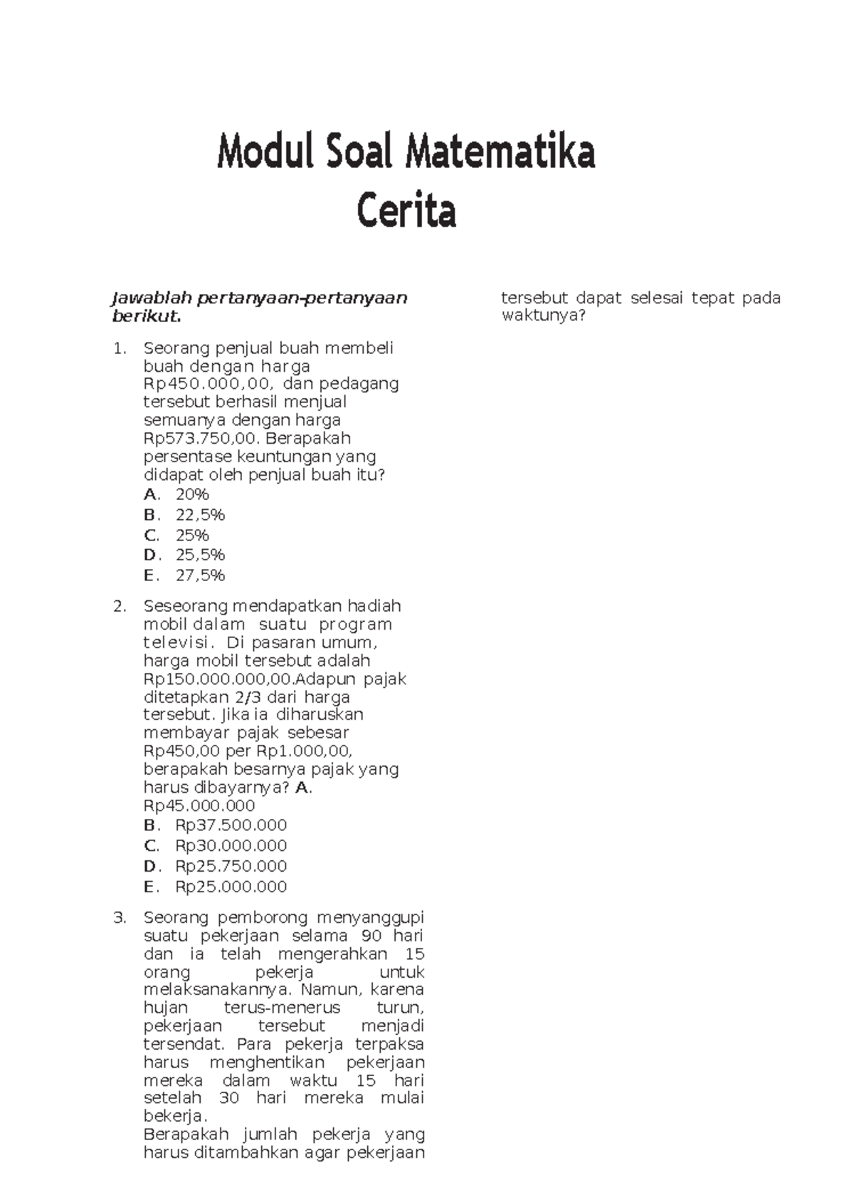 Modul Soal Matematika Cerita - Latihan Menjawab Pertanyaan - Studocu