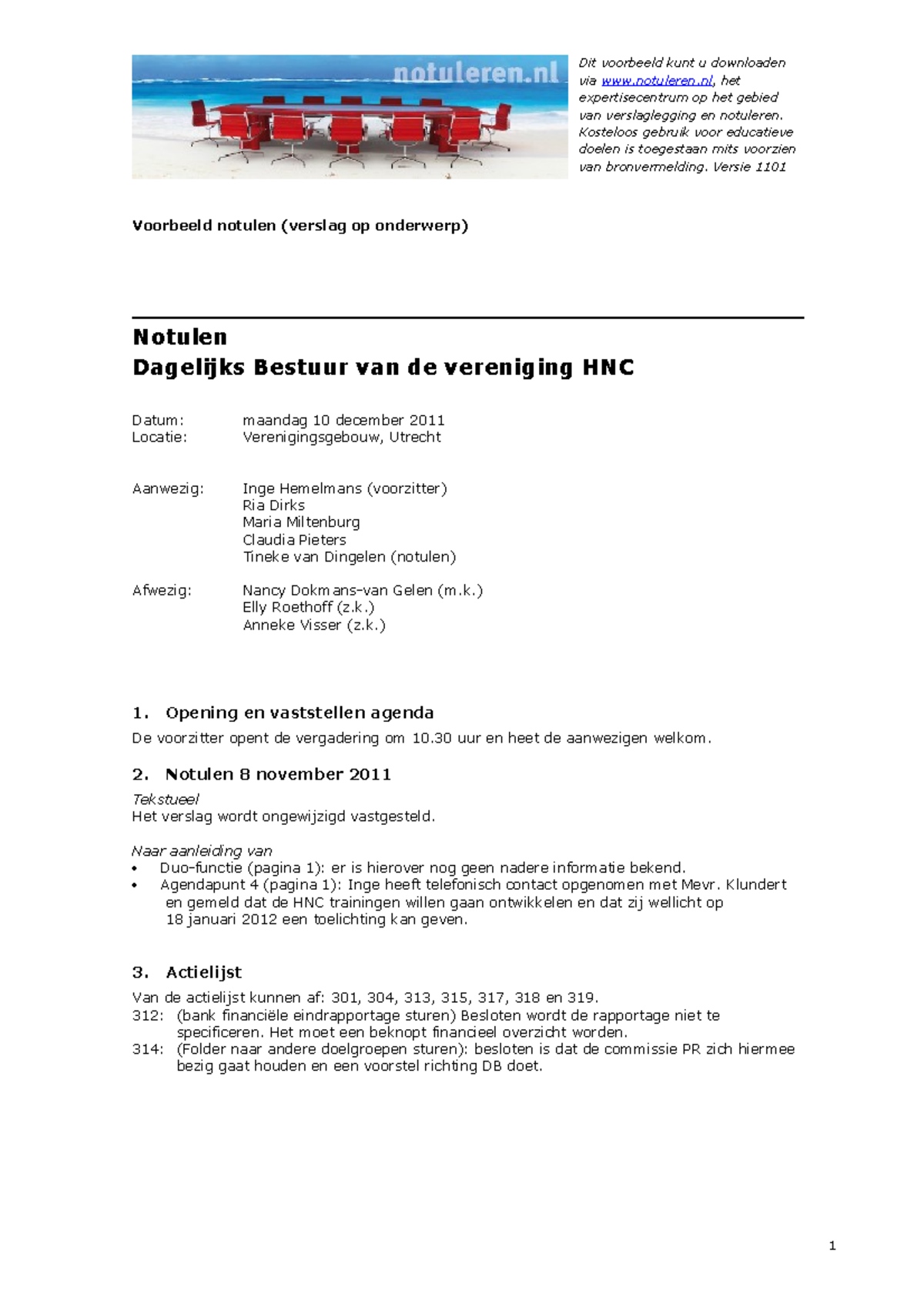 Voorbeeld Notulen Bestuursvergadering HNC - 10 December 2011 - Studeersnel