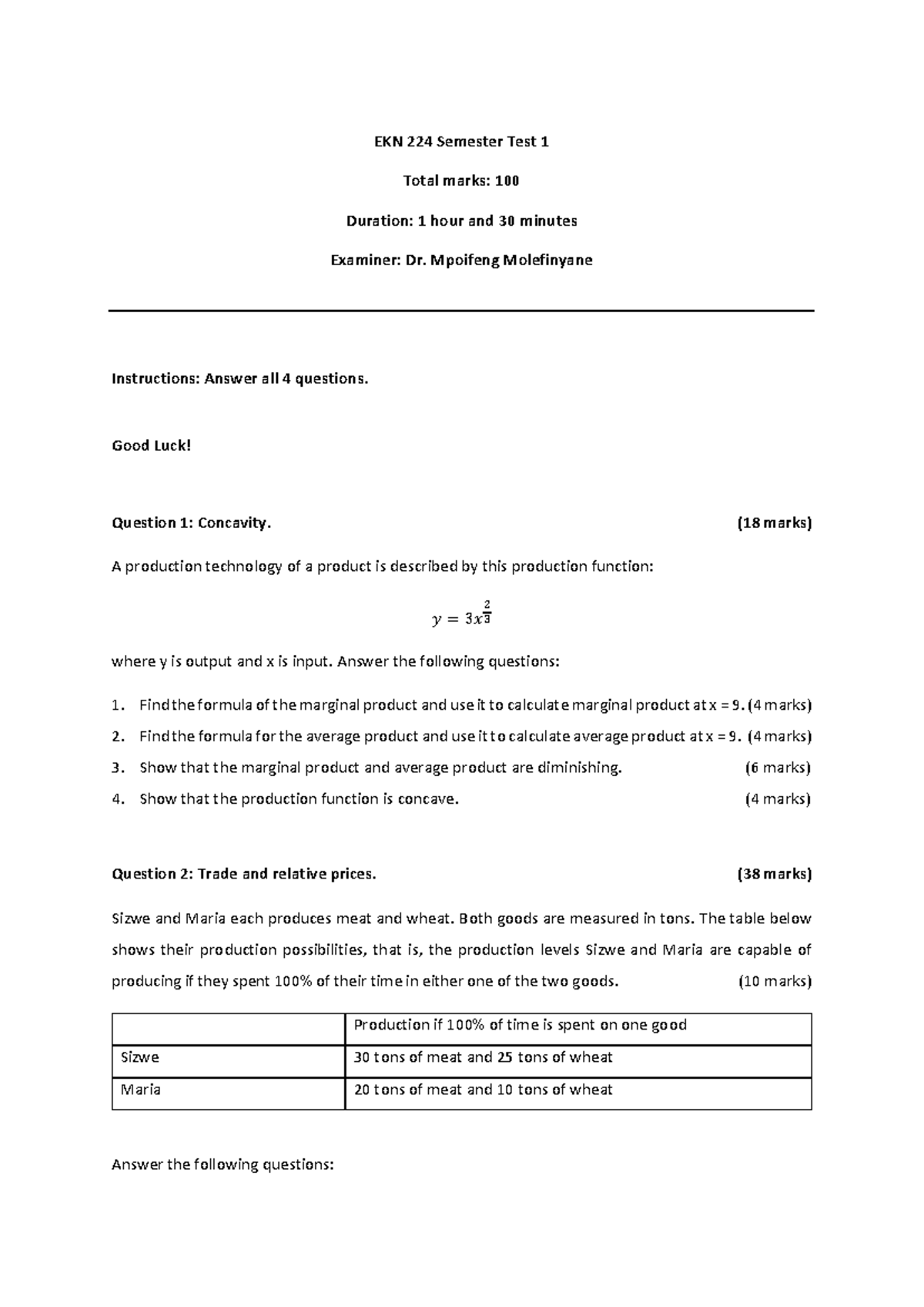 EKN 224 Semester Test 1 2024 - Question Paper and Guidelines - Studocu