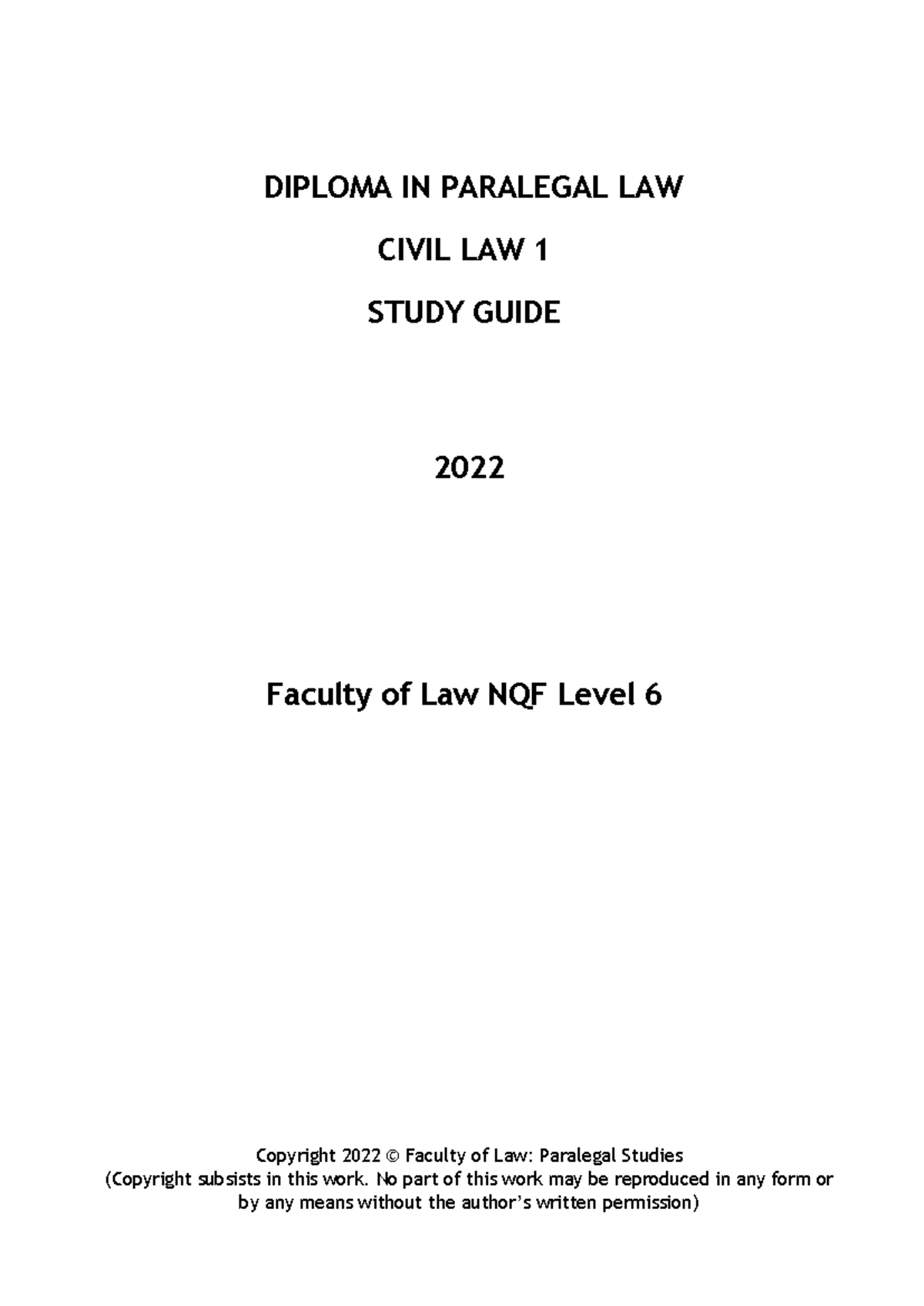 DIPLOMA IN PARALEGAL LAW: CIVIL LAW 1 STUDY GUIDE (CVL00A1) - Studocu