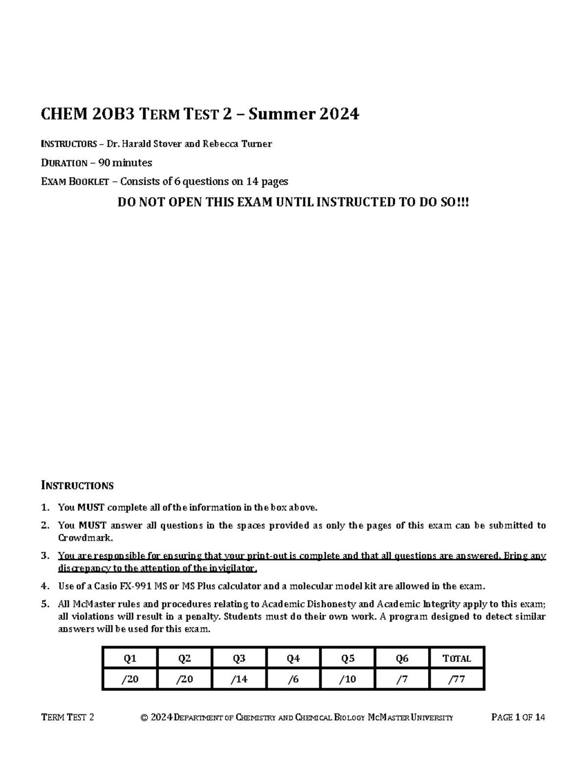 CHEM 2OB3 Summer 2024 Test 2 Complete Exam Questions and Guidelines ...