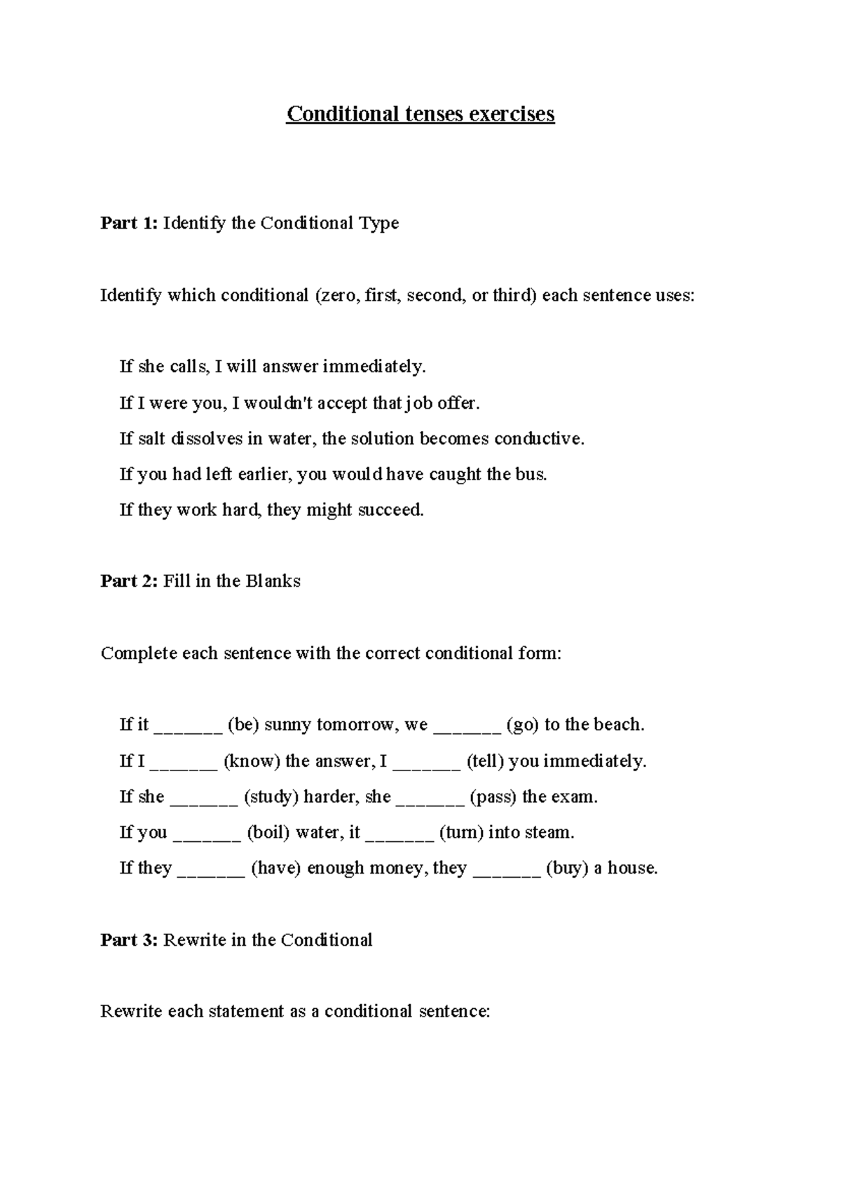 Conditional Tenses Exercises: Types and Practice Activities - Studocu