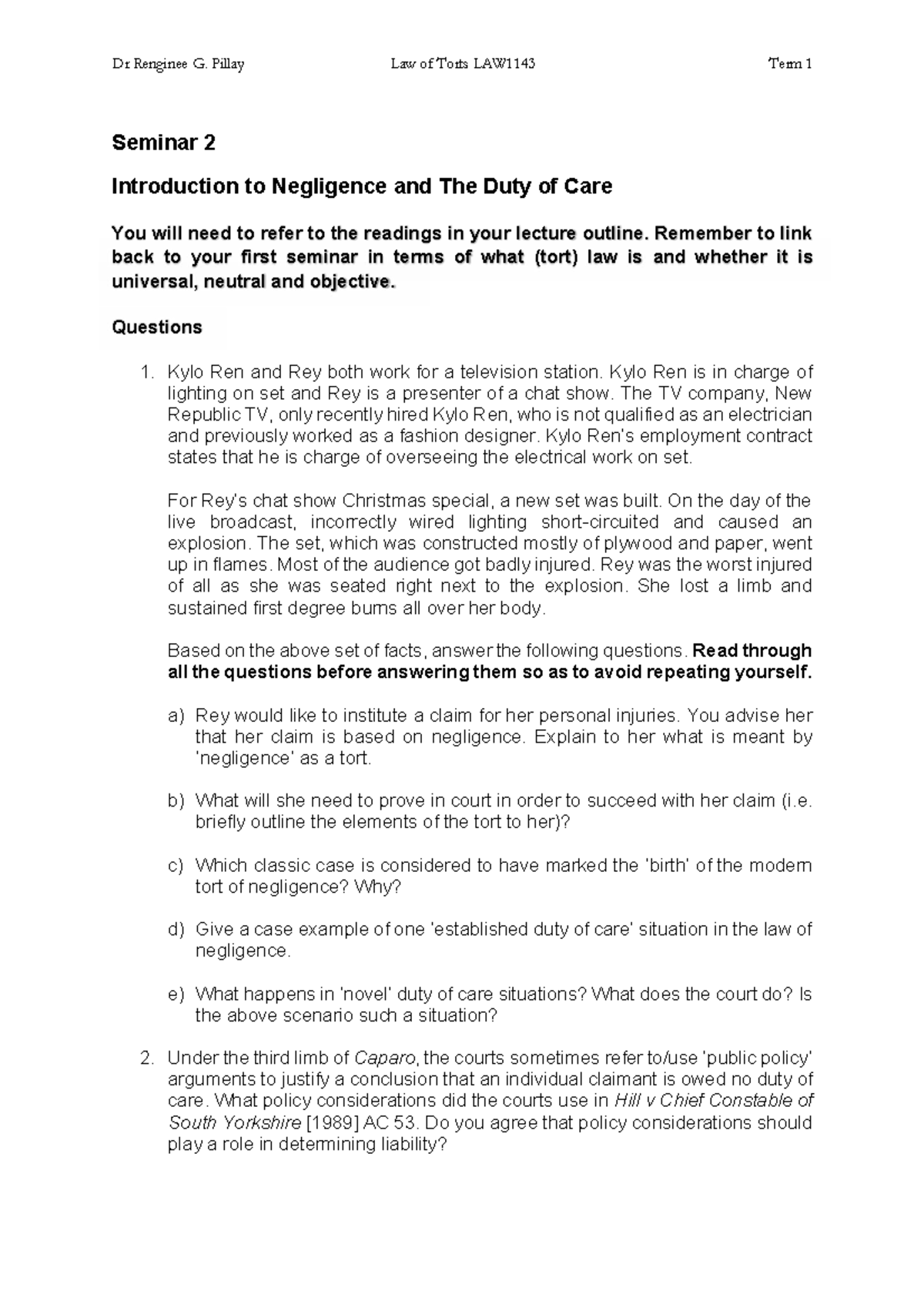 Rgpillay LAW1143 Term 1 Seminar 2 Negligence & Duty of Care Worksheet ...