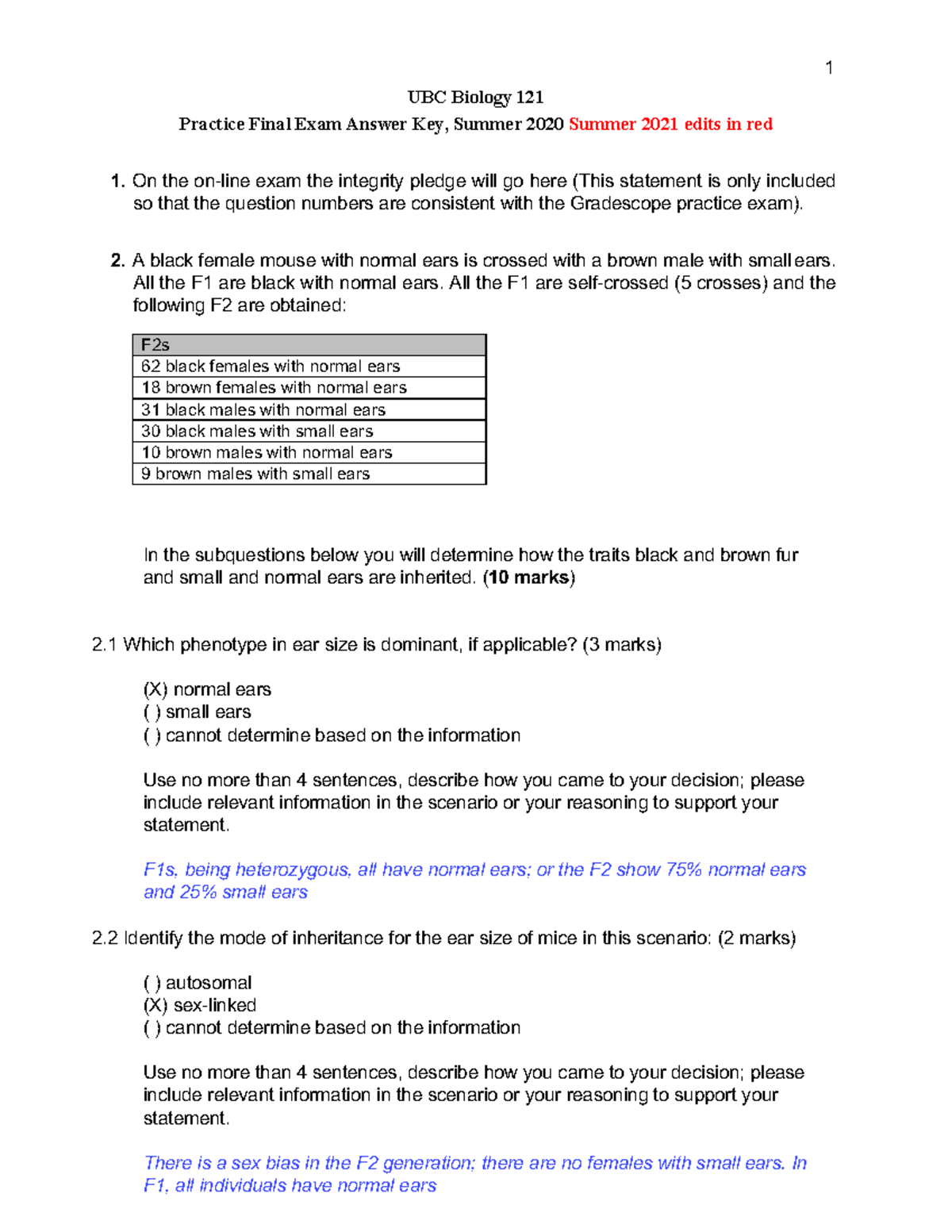 Biology 121 Practice Final Exam Answer Key - Summer 2020 Edition - Studocu