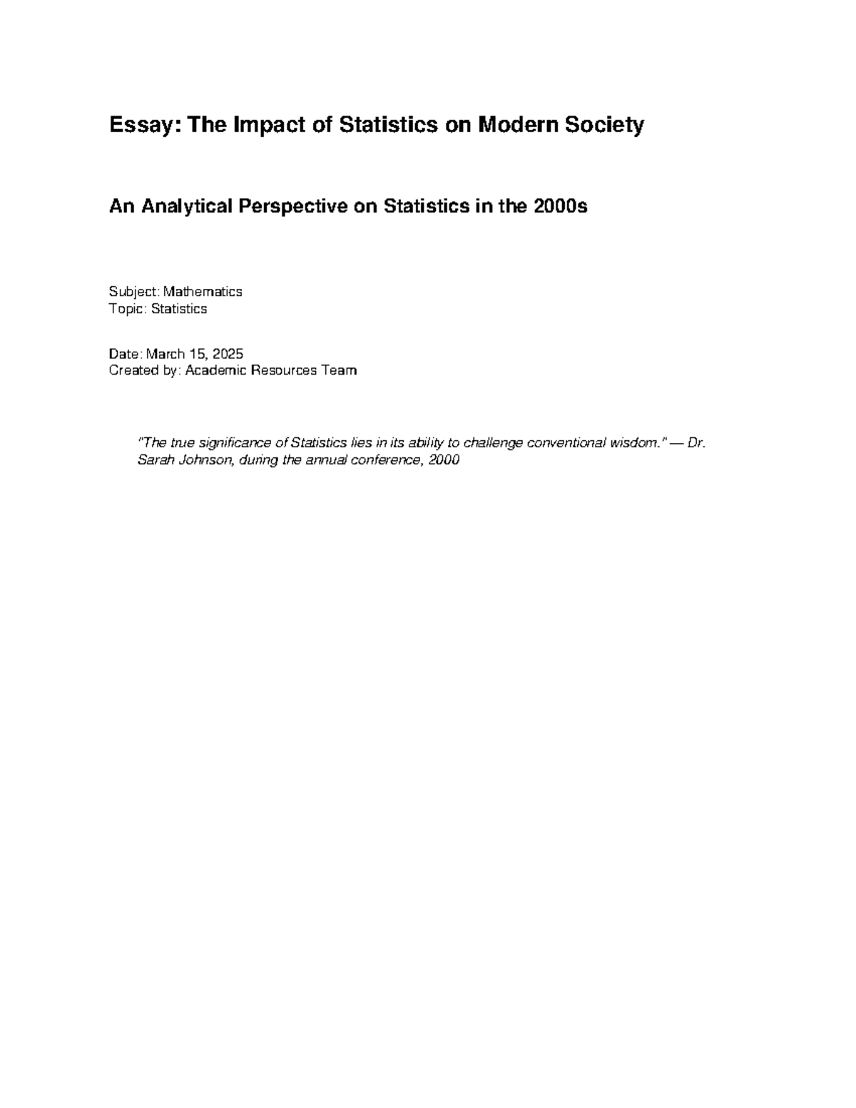 MAT 2025: Essay on the Impact of Statistics in Modern Society - Studocu