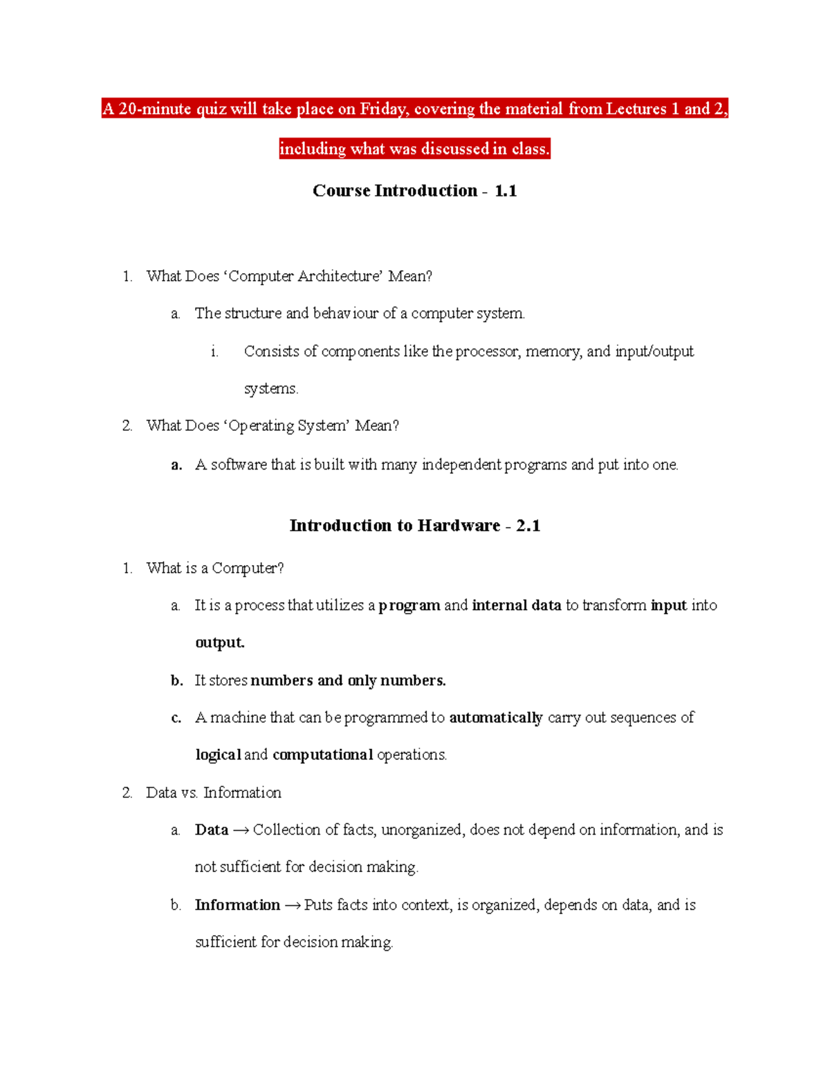 Quiz on Computer Architecture and Operating Systems - Studocu