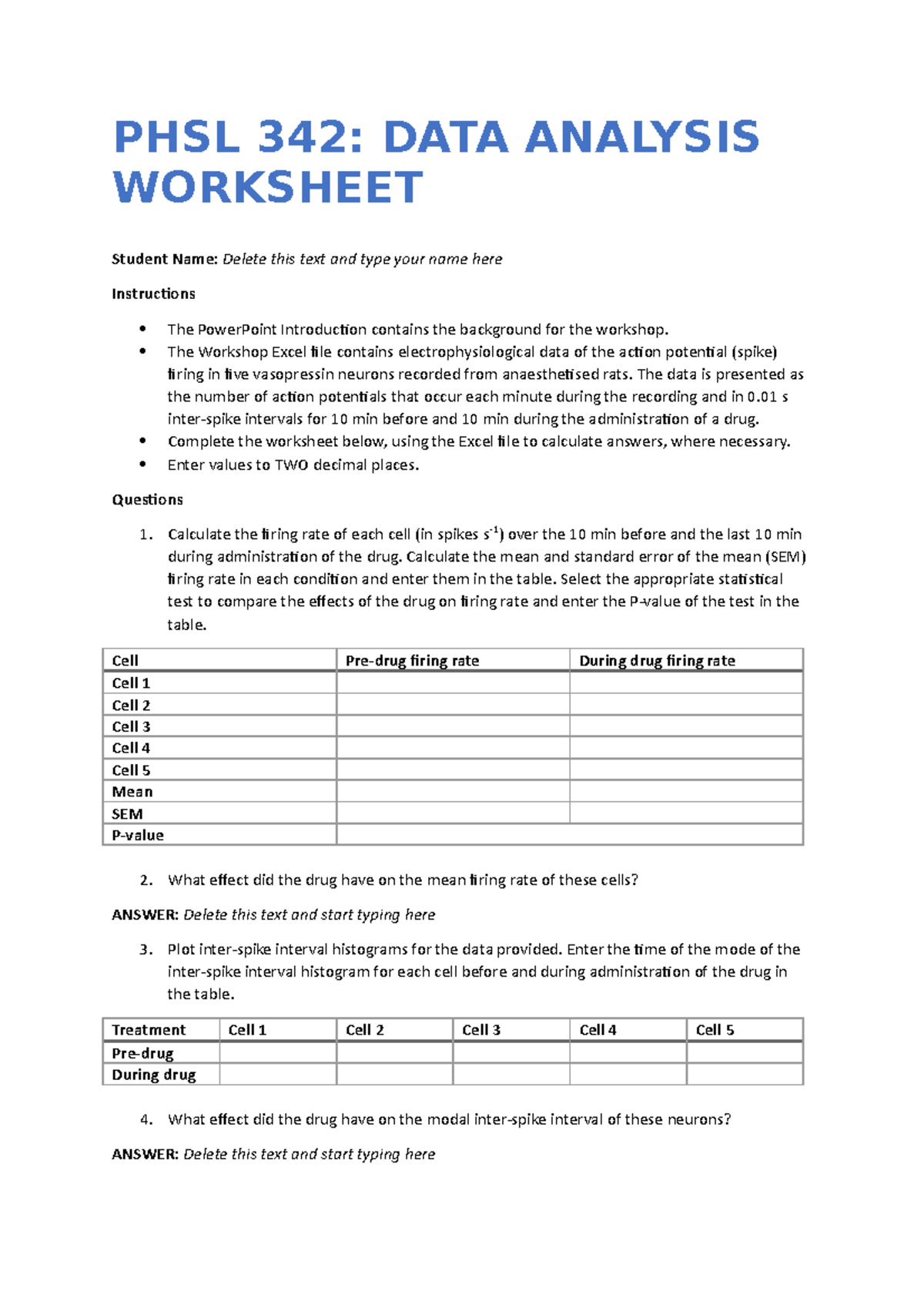 Data Analysis Worksheet