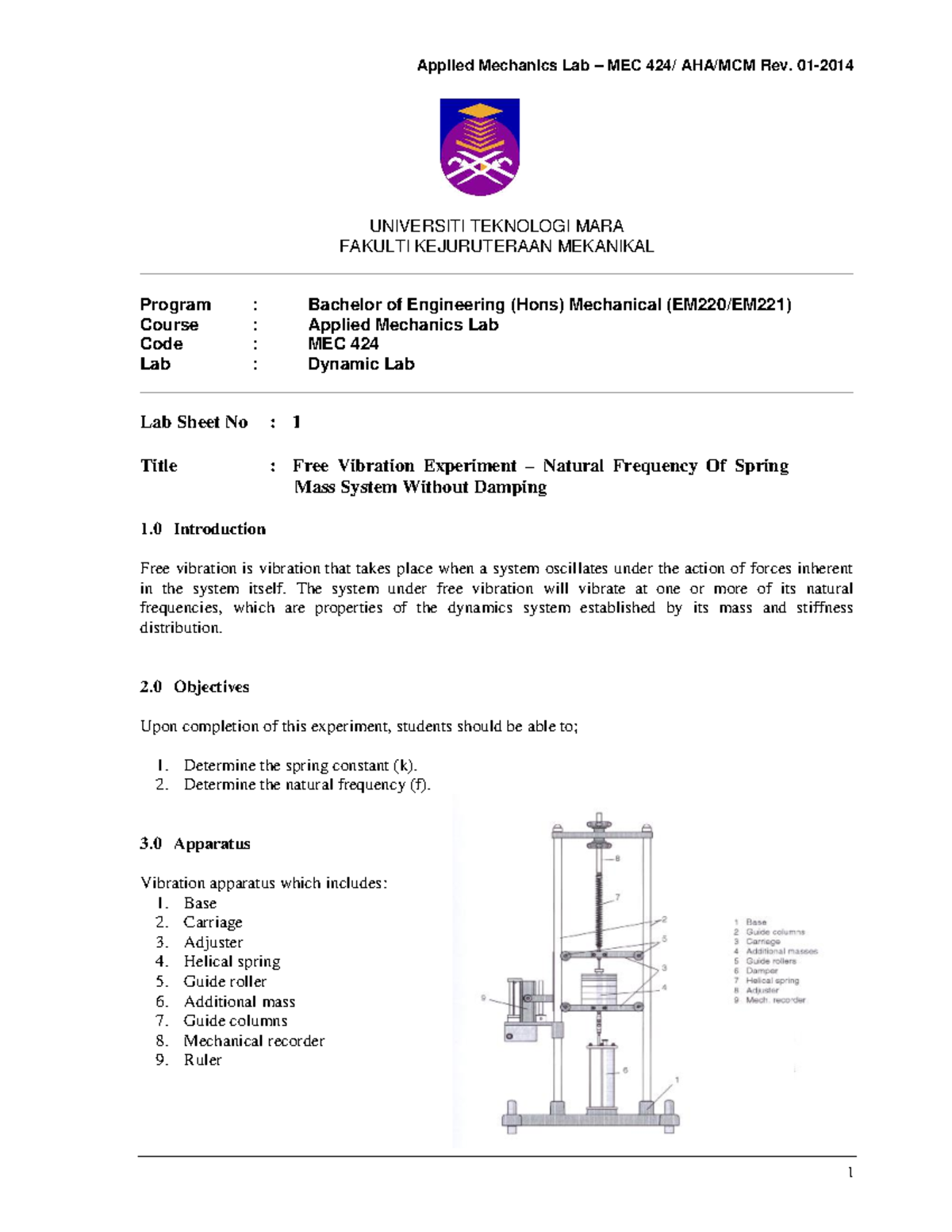 Applied Mechanics Lab MEC 424: Free & Forced Vibration Experiments ...