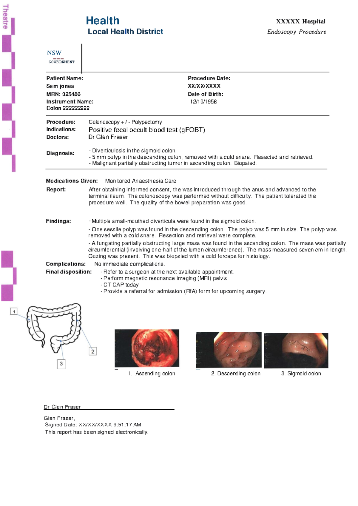 Colonoscopy Report - Patient Sam Jones (MRN: 325486) - Studocu