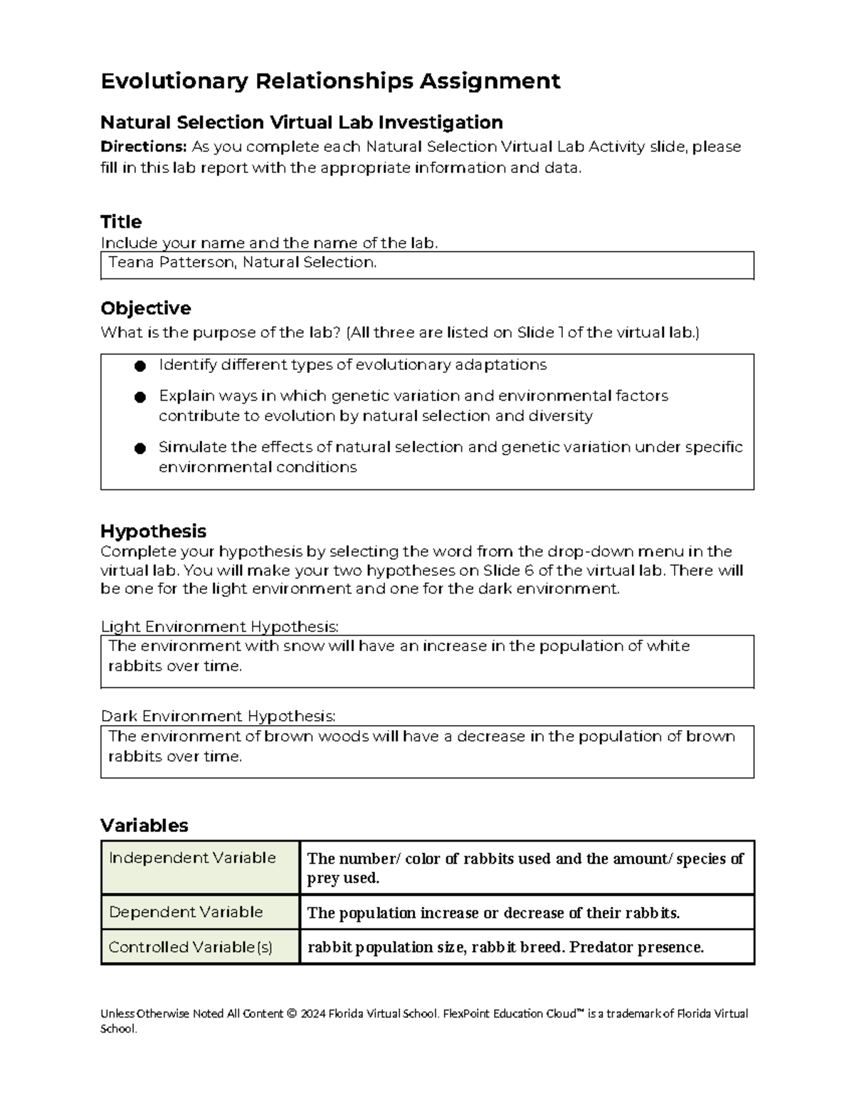 Evolutionary Relationships Assignment: Natural Selection Lab Report ...