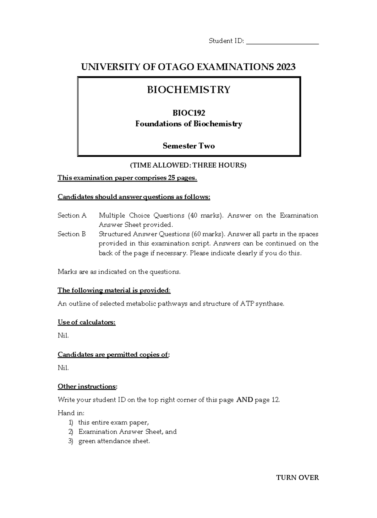 BIOC192 S2 2023 - Foundations of Biochemistry Examination Paper - Studocu
