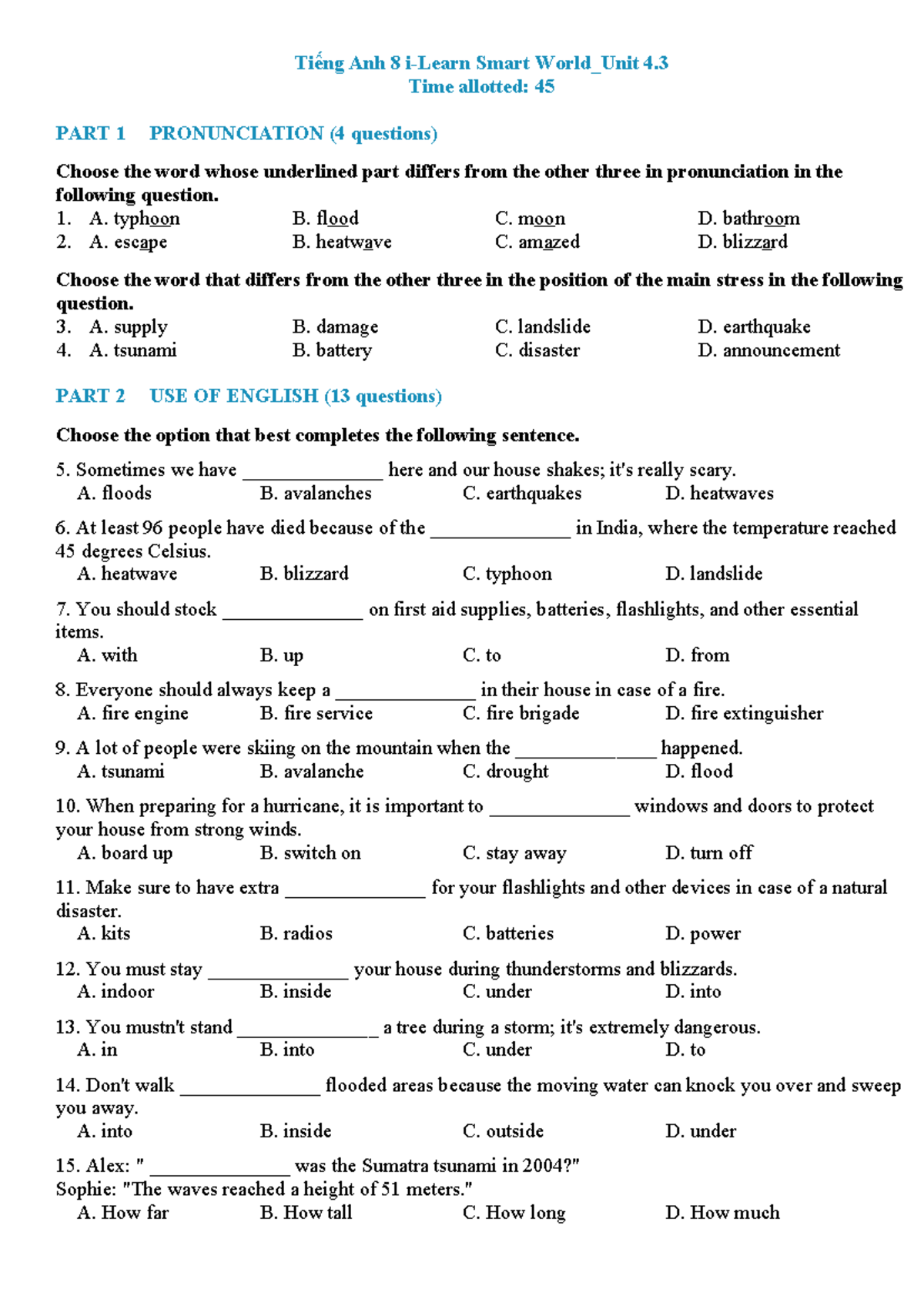 Bộ đề kiểm tra Tiếng Anh 8 i-Learn Smart World - Unit 4 Exam Files ...