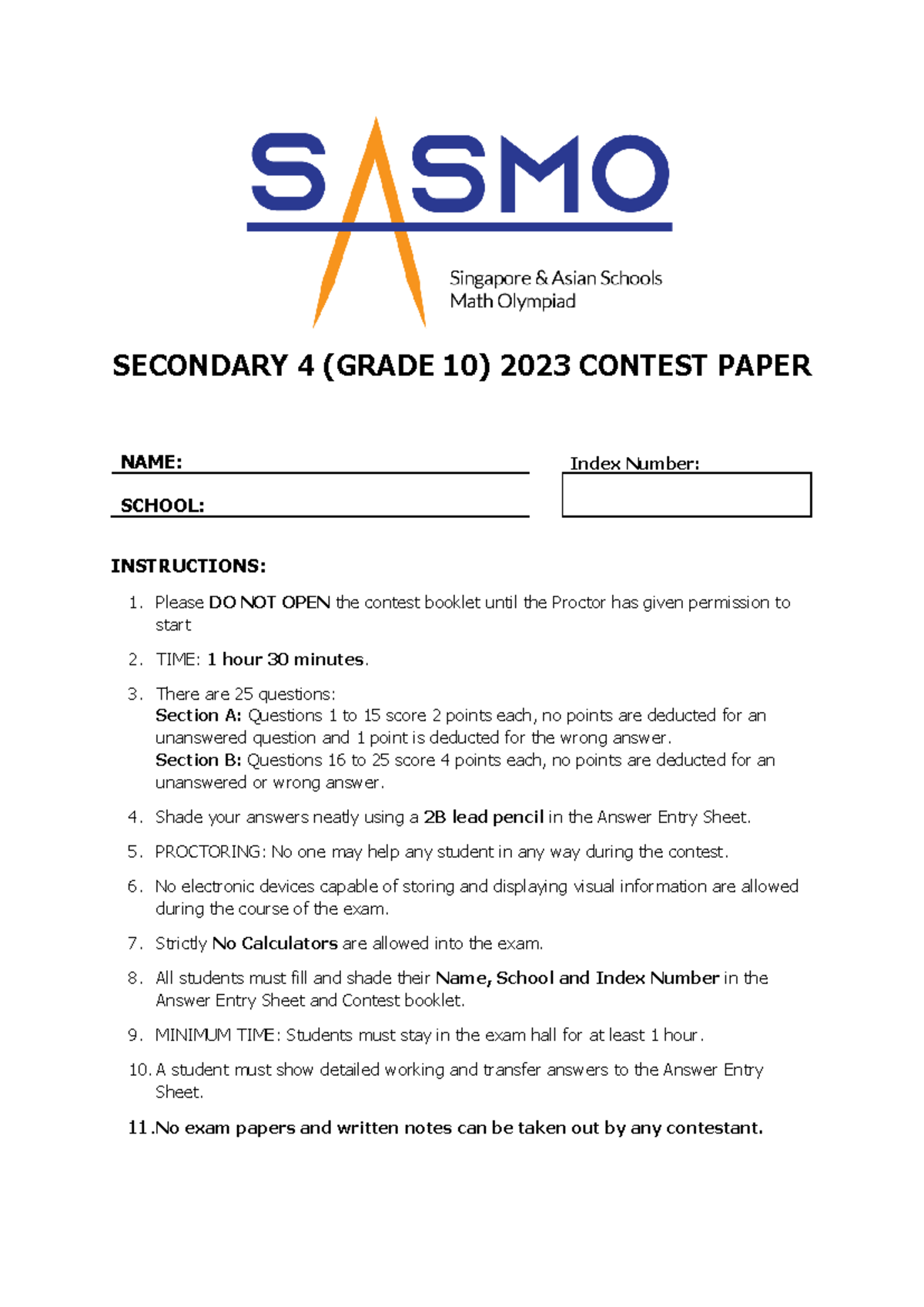 SASMO 2023 Secondary 4 (Grade 10) Contest Paper - Studocu