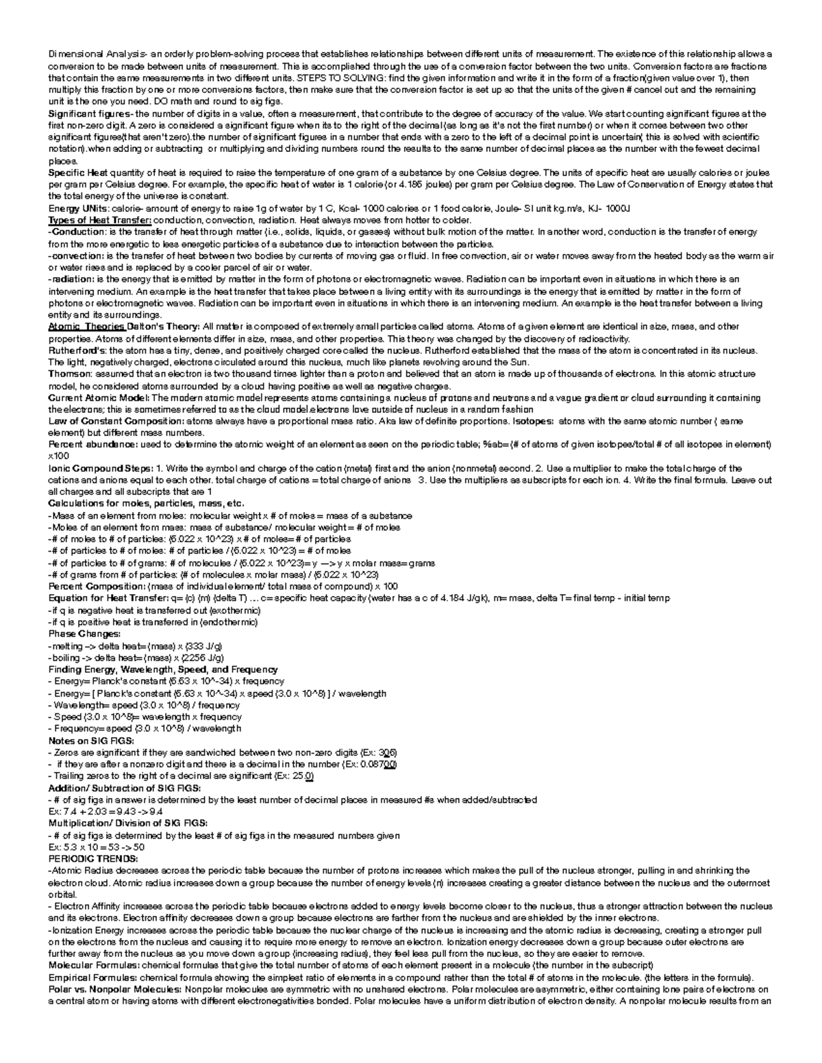 Chem 101 Final Exam Cheat Sheet: Dimensional Analysis & Energy Concepts ...