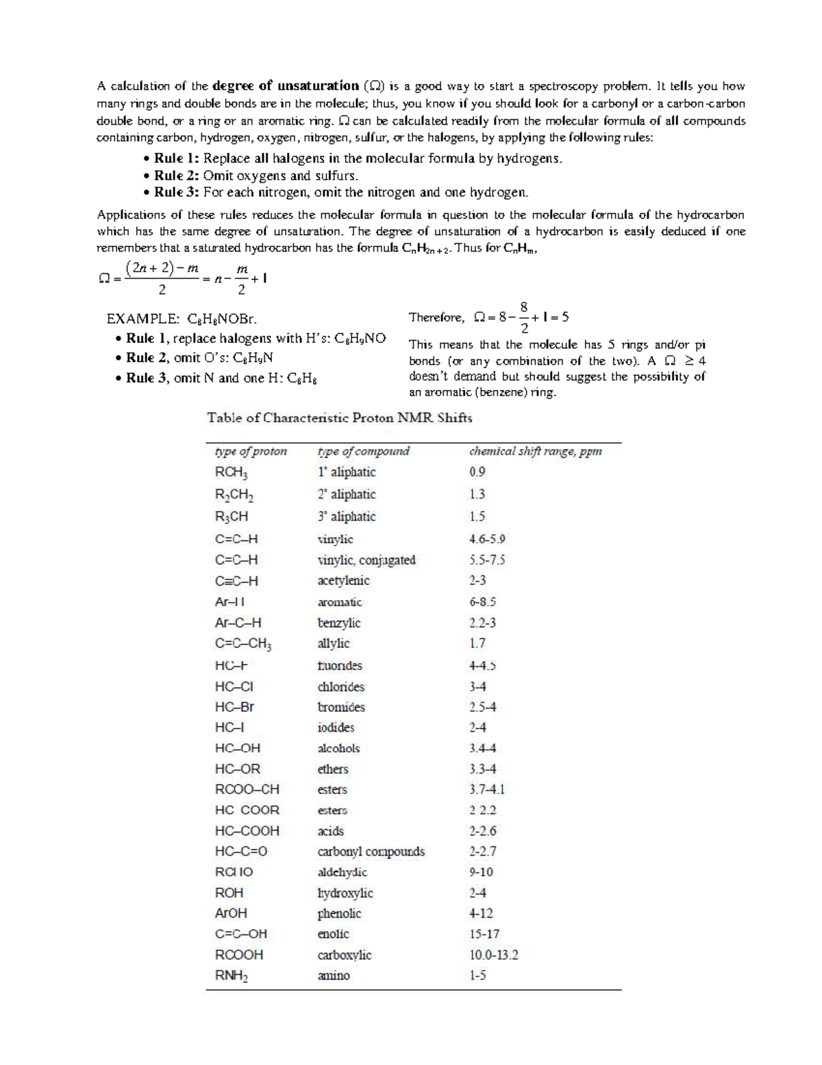Degree of Unsaturation Calculation + NMR & IR Tables (Chem 101) - Studocu