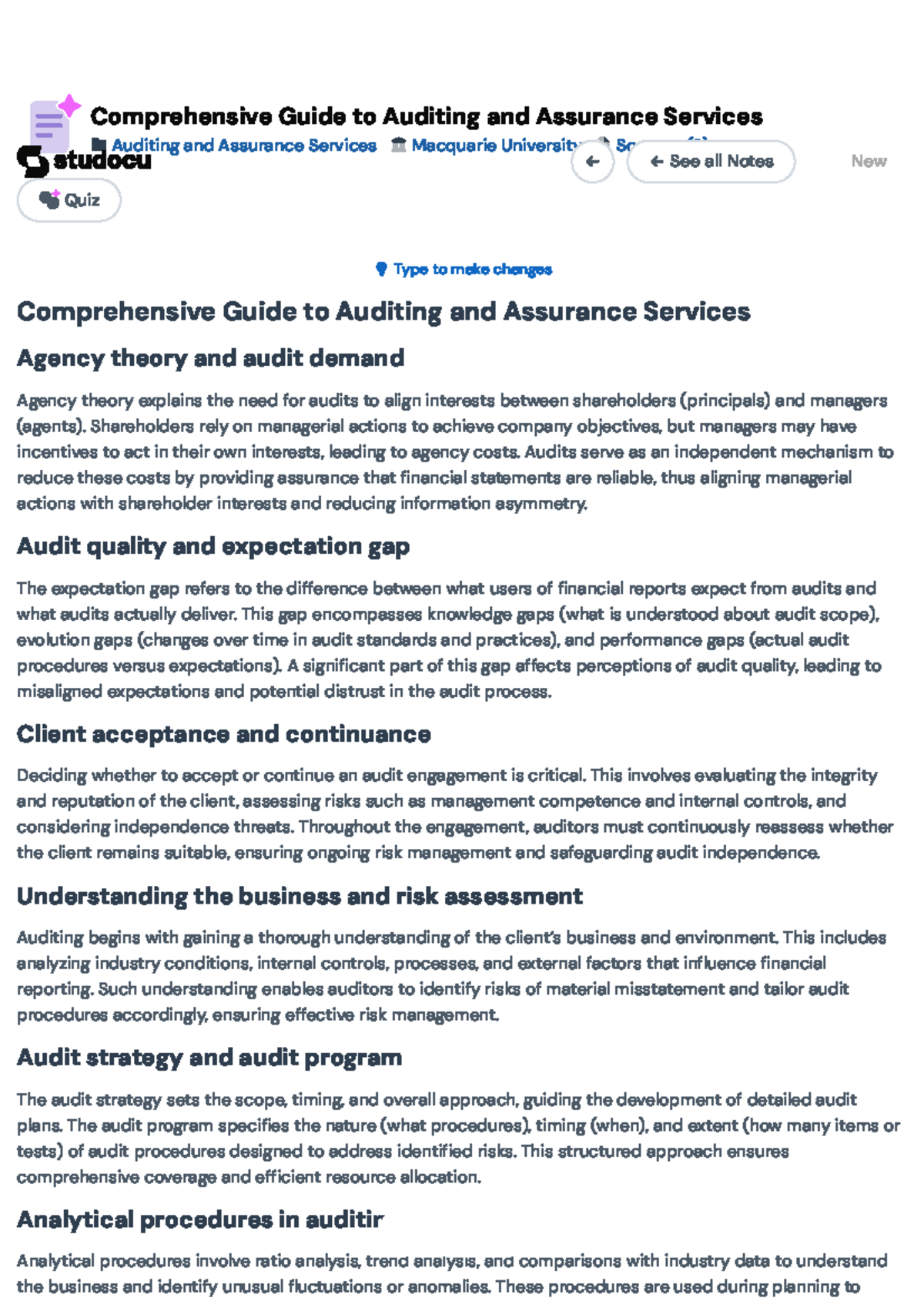 Comprehensive Guide to Auditing & Assurance Services (AUD001) - Studocu