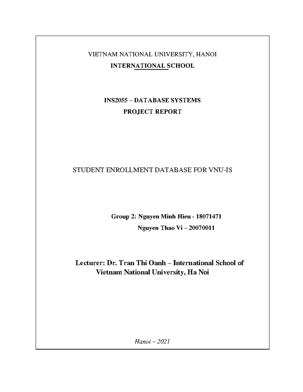 Student Enrollment Database FOR VNU-IS Report - VIETNAM NATIONAL ...