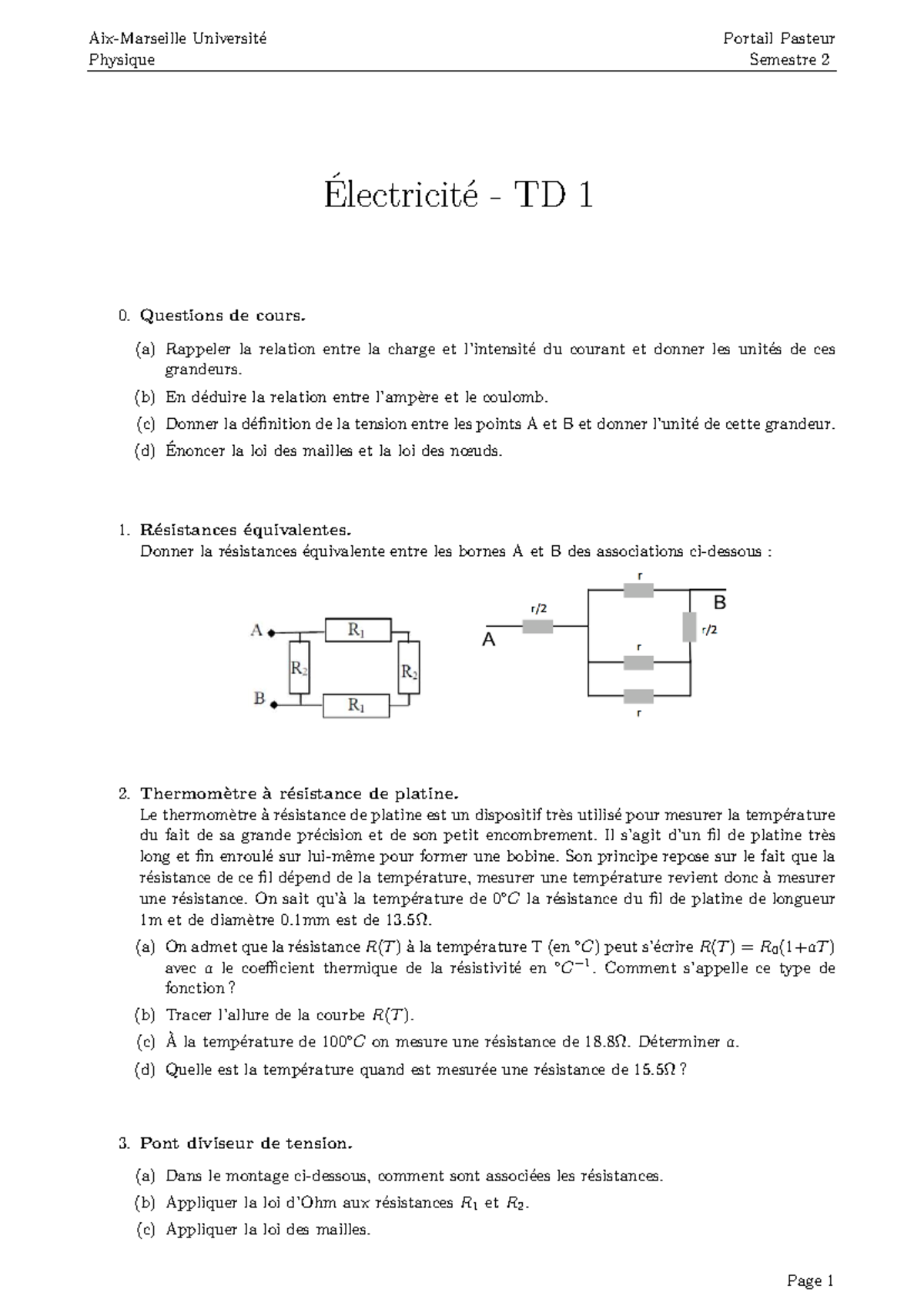 Électricité TD 1 - Questions et Concepts Fondamentaux Semestre 2 - Studocu