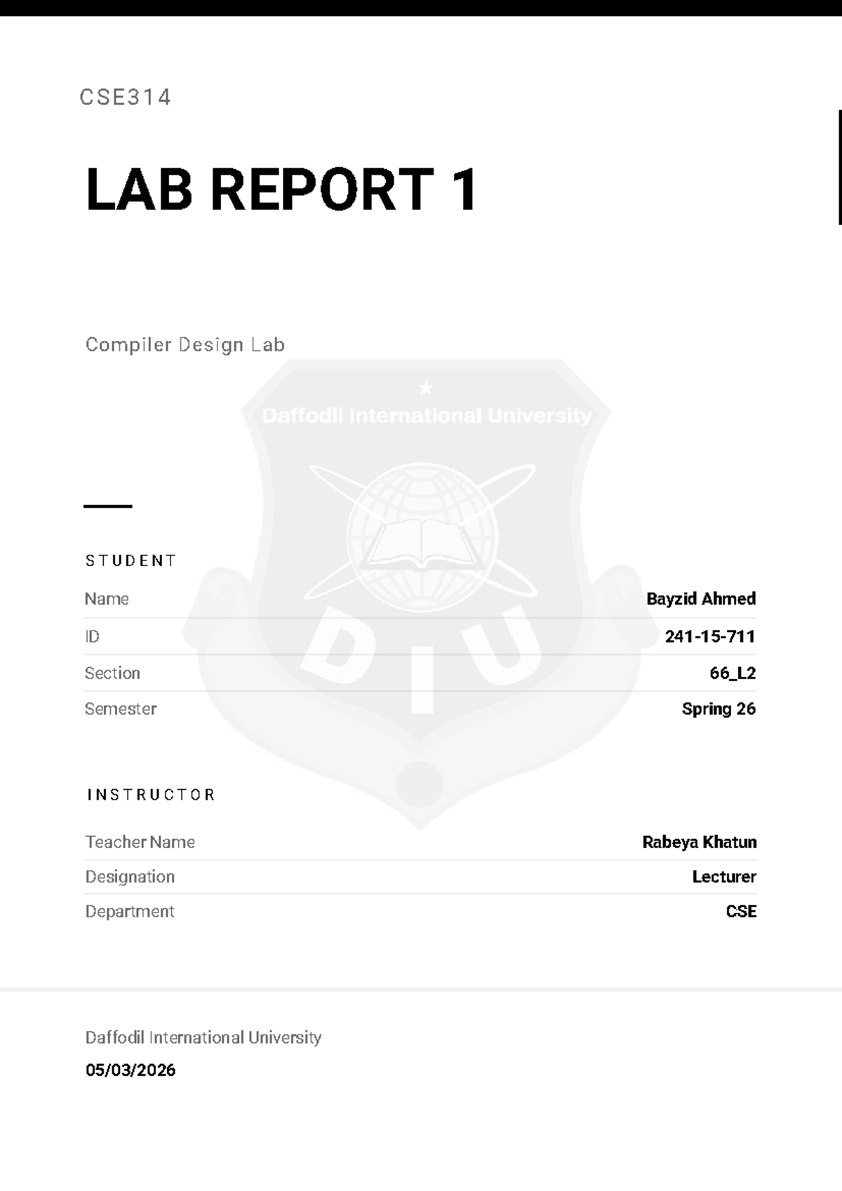 CSE314 Lab Report 1: Compiler Design Experiments and Tasks - Studocu